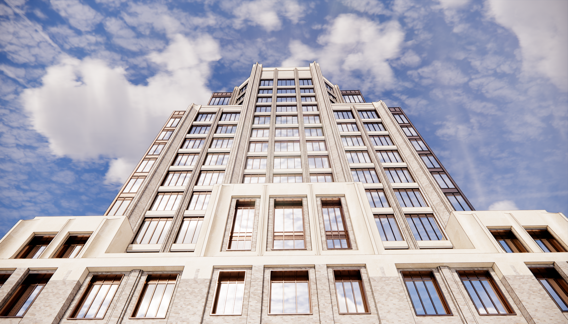 Rendering of a stepped tower against blue sky