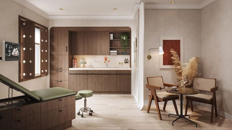 Rendering of a clinic room in warm wood