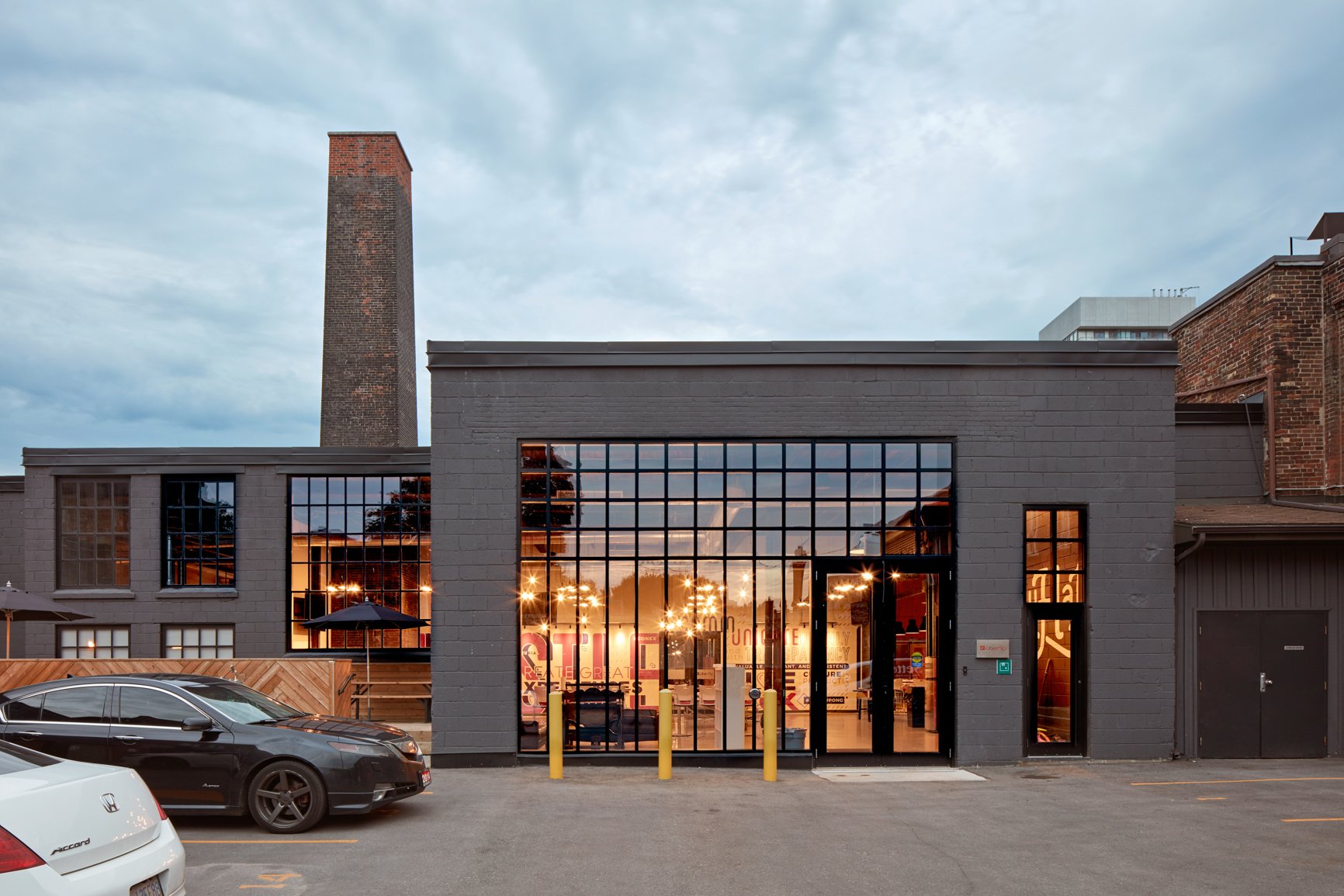 Brick warehouse with a tall gridded window