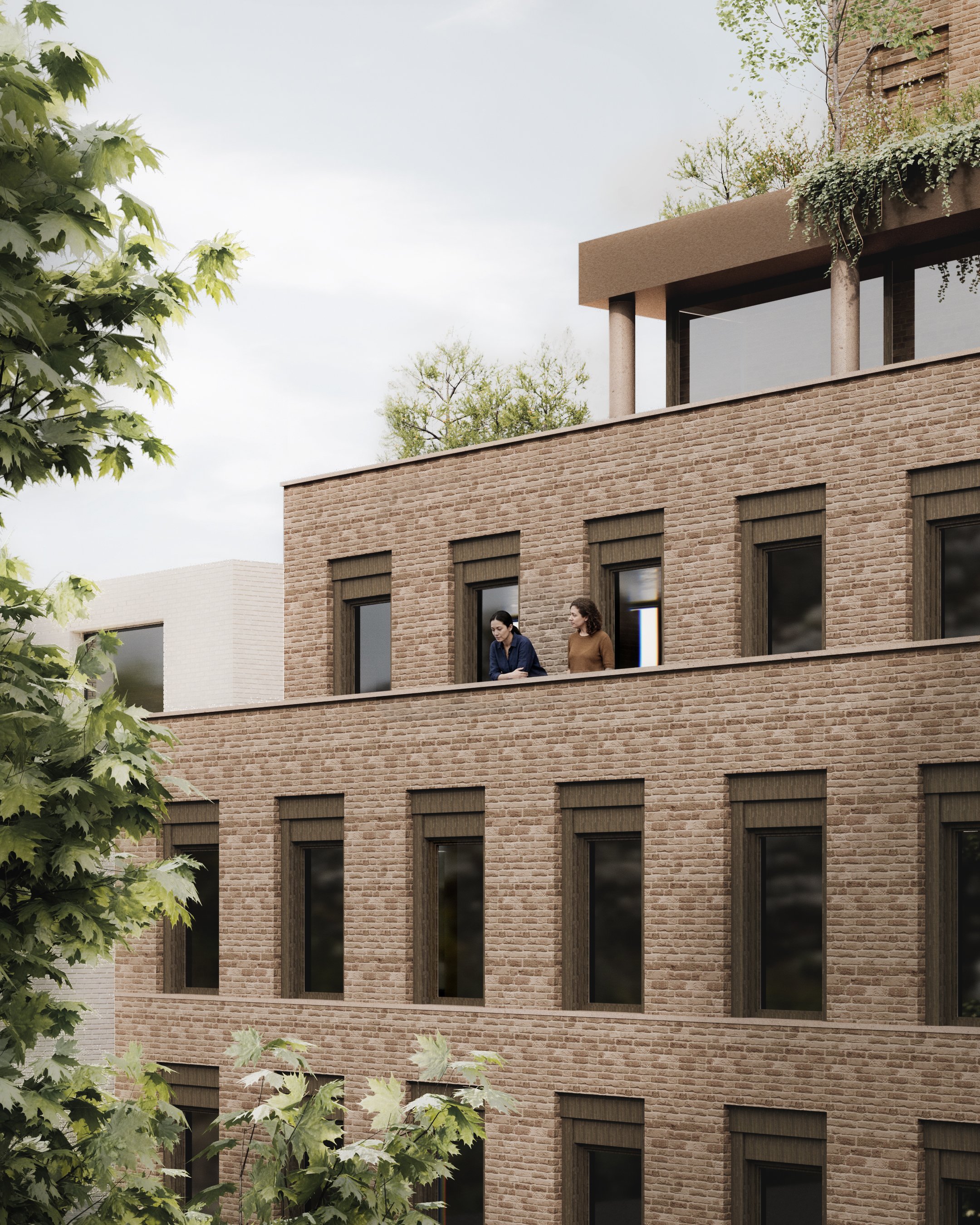 Rendering of two people on a brick terrace