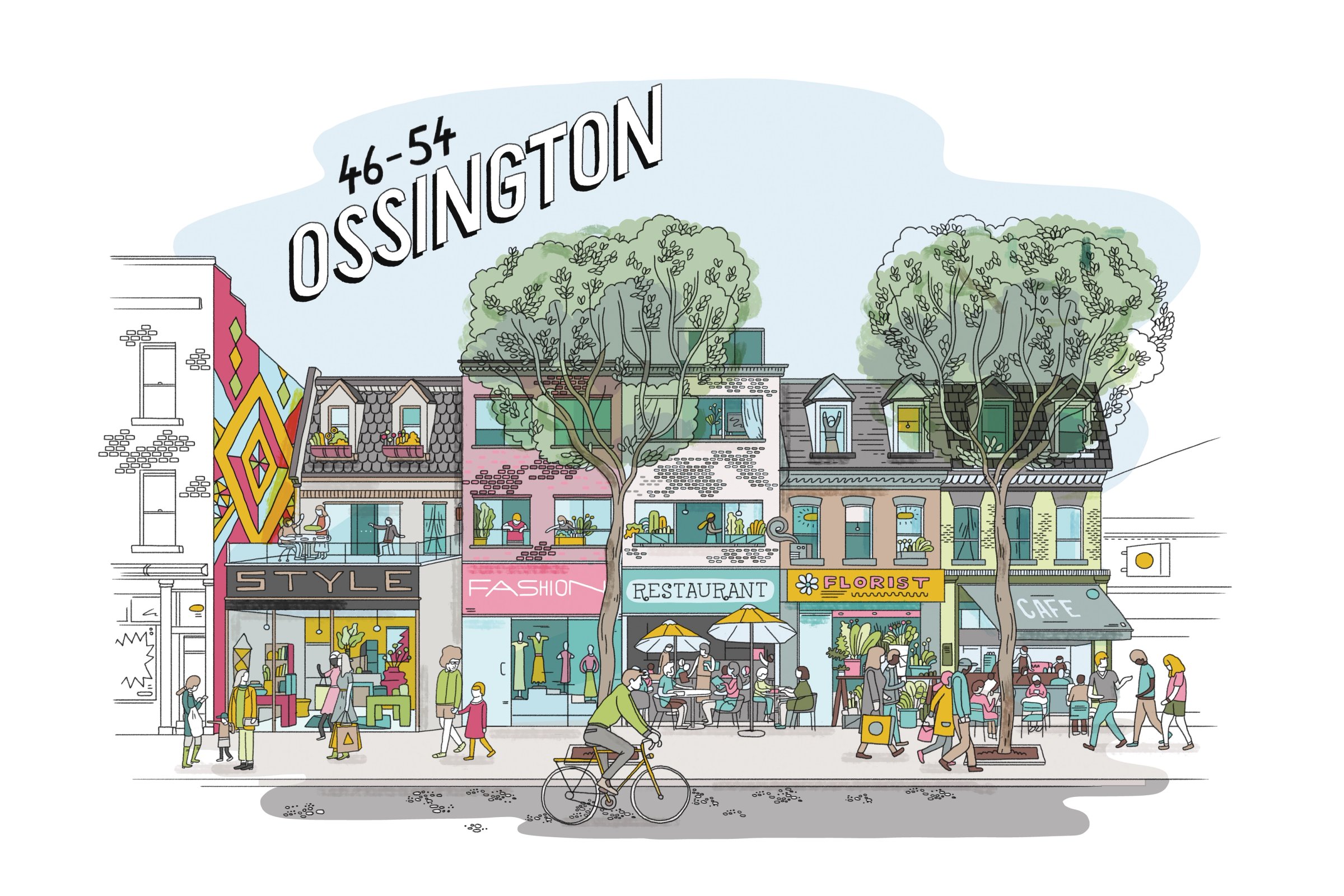 Illustrated shopfronts titled 46-54 Ossington