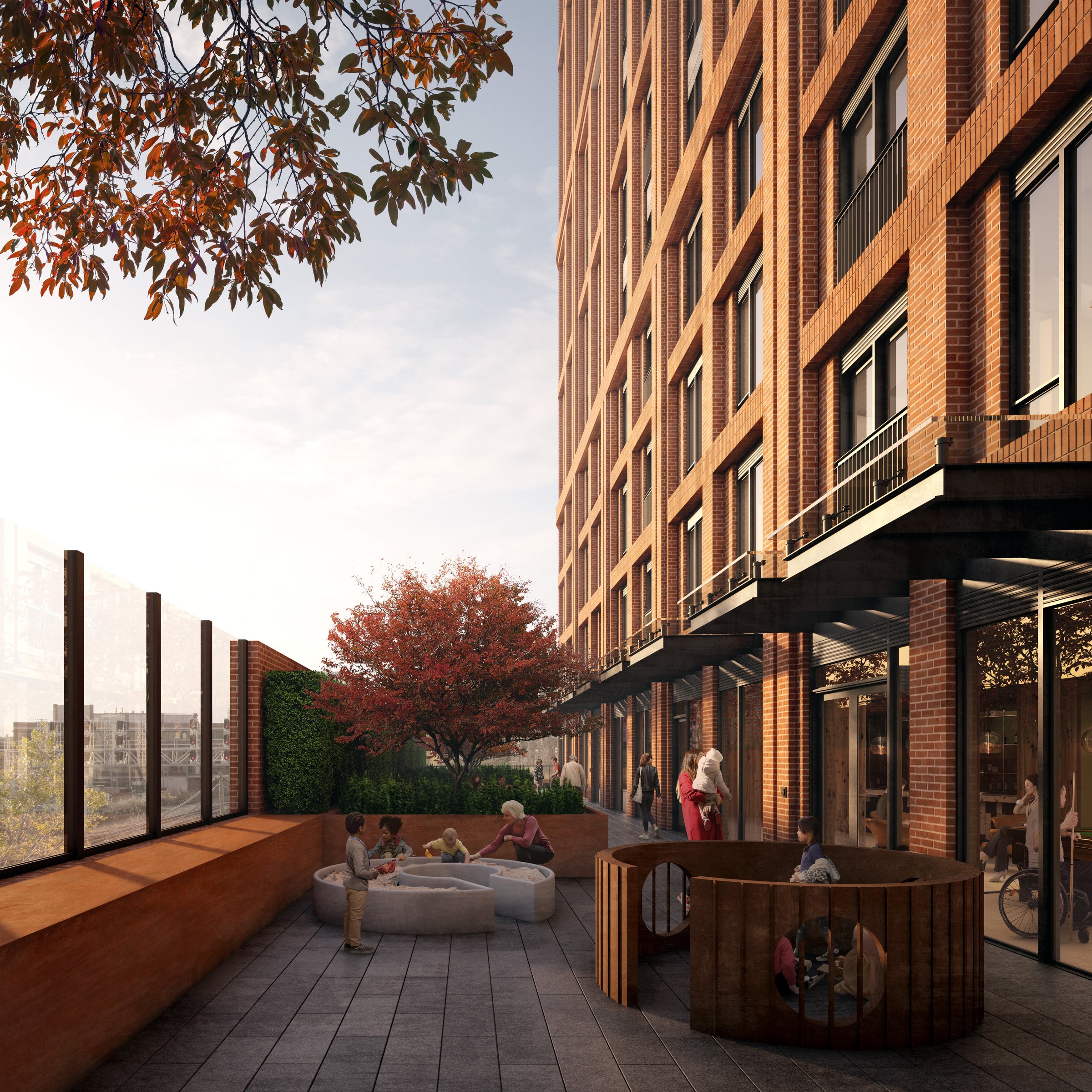 Rendering of a brick building's terrace in autumn