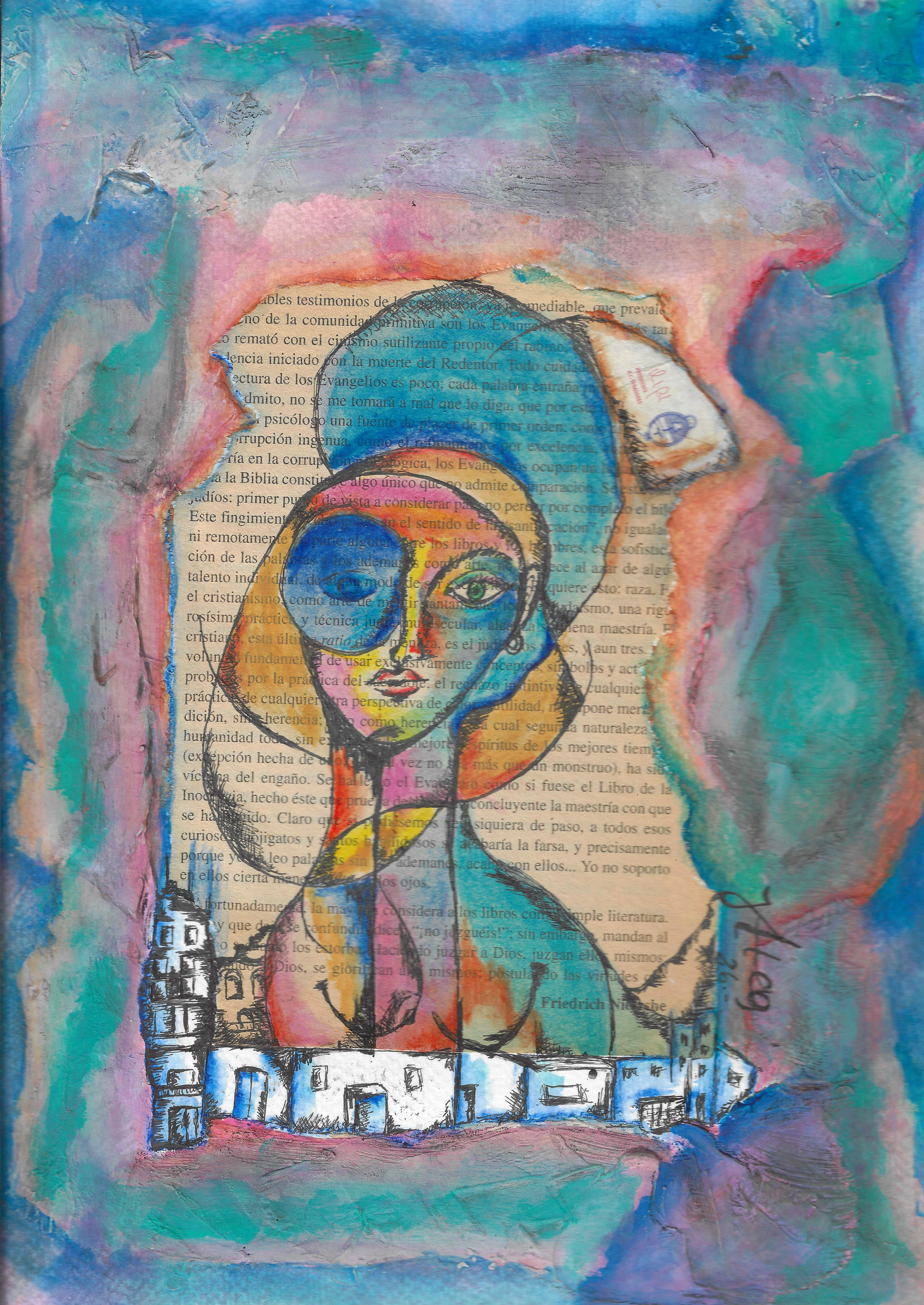 Decantación — Técnica mixta sobre papel (lápices acuarelables, rapidograph y collage).