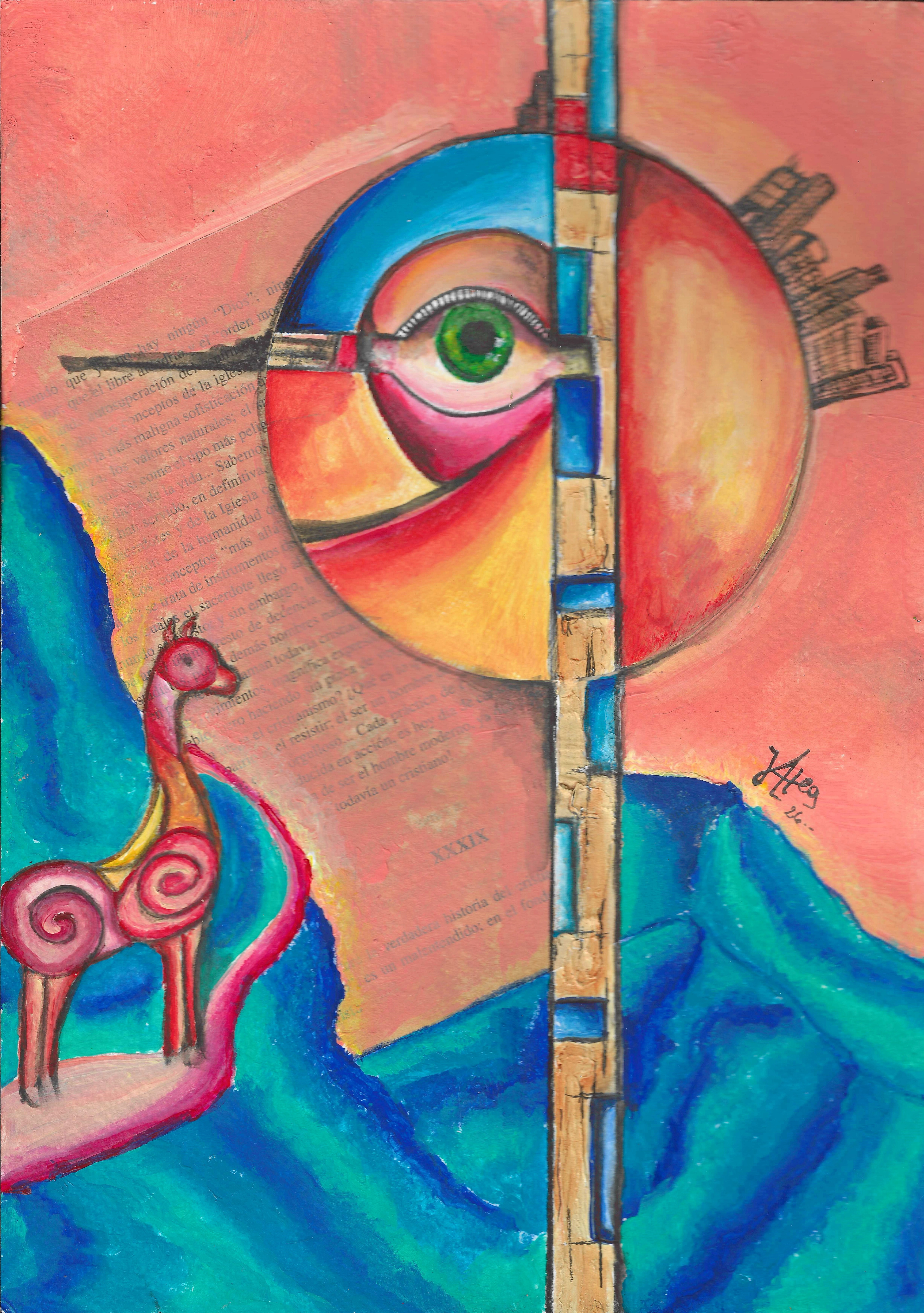órbita — Técnica mixta sobre papel (collage, acrílico y rapidograph). 