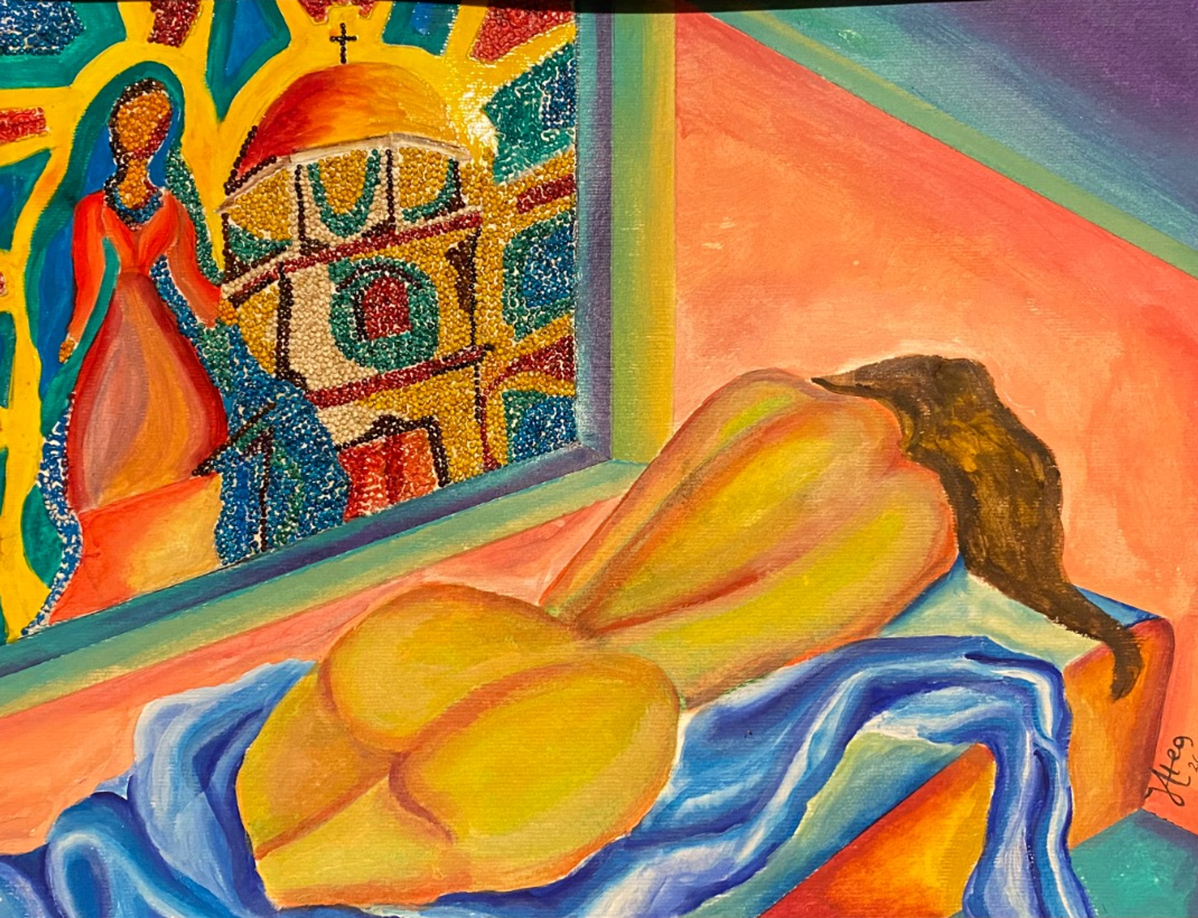 ermita — Técnica mixta sobre papel (acrílico, lápices acuarelables, semillas teñidas y pasta mural).