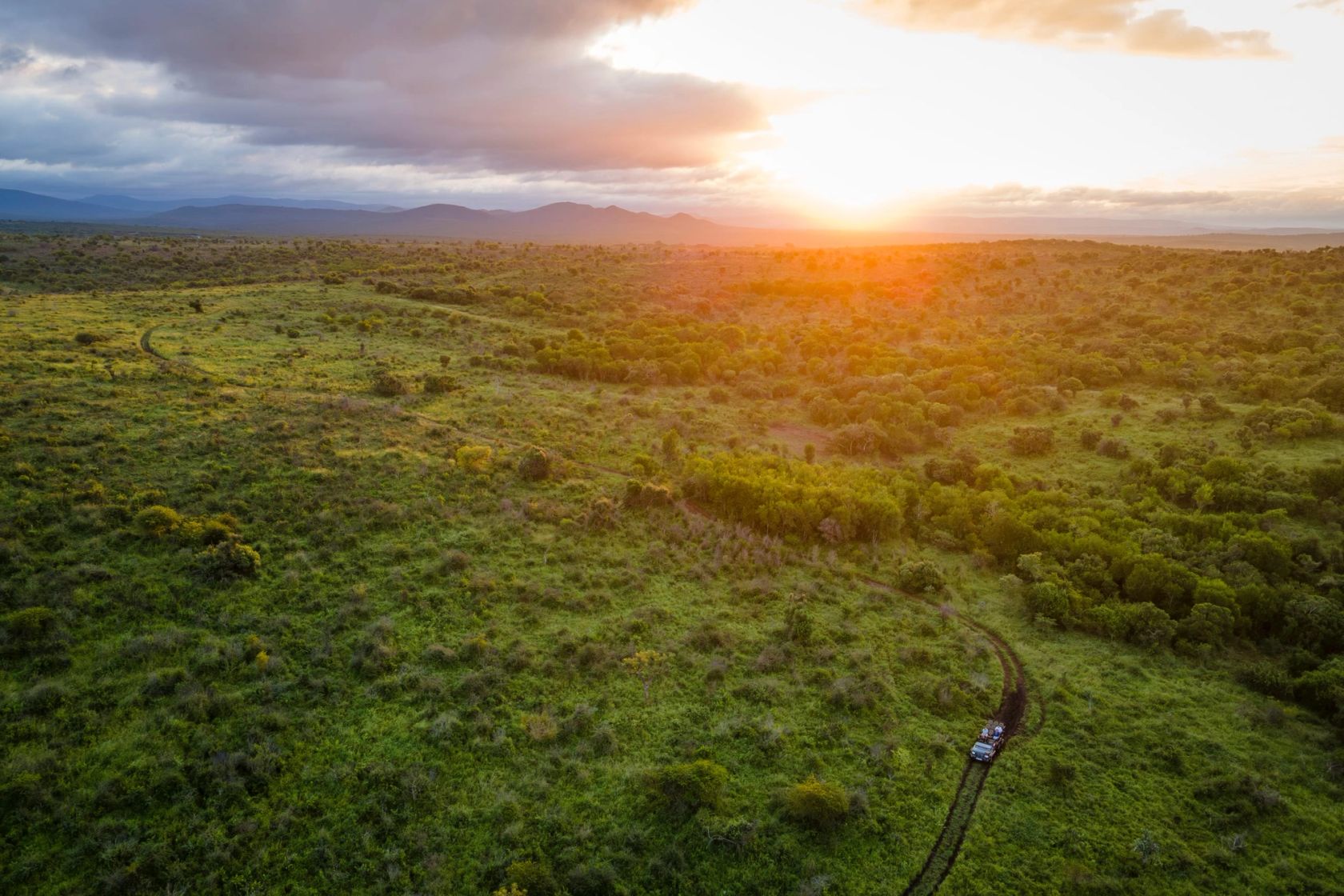 A small safari vehicle follows a winding track across rolling green bushveld toward a low sun and distant hills.