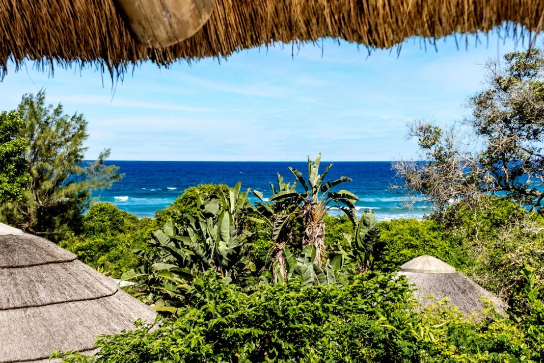 The ocean view from the room deck, over banana palms and thatched roofs to the breaking surf.