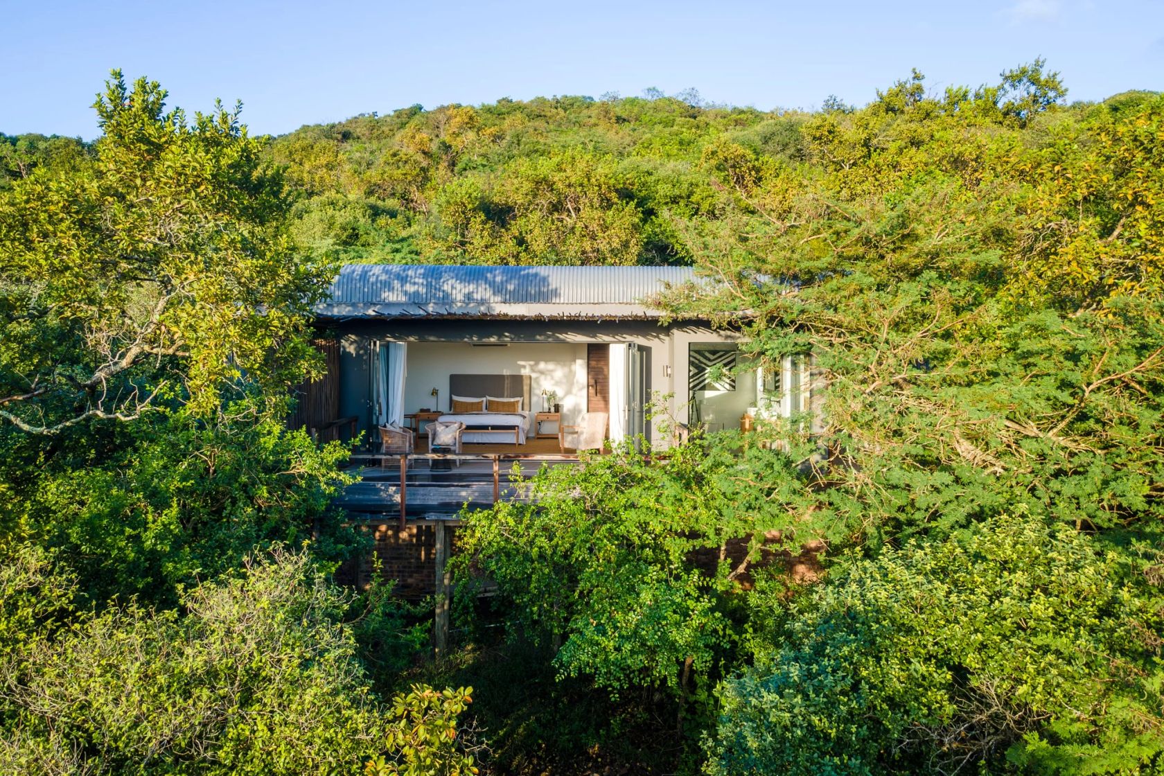 An aerial view of a suite raised into green hilltop forest with open glass doors showing a bed.