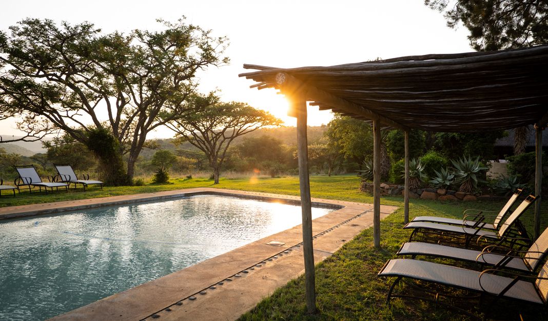 A swimming pool beside a shaded timber pergola and sun loungers, with acacia trees and reserve hills behind at a low sun.