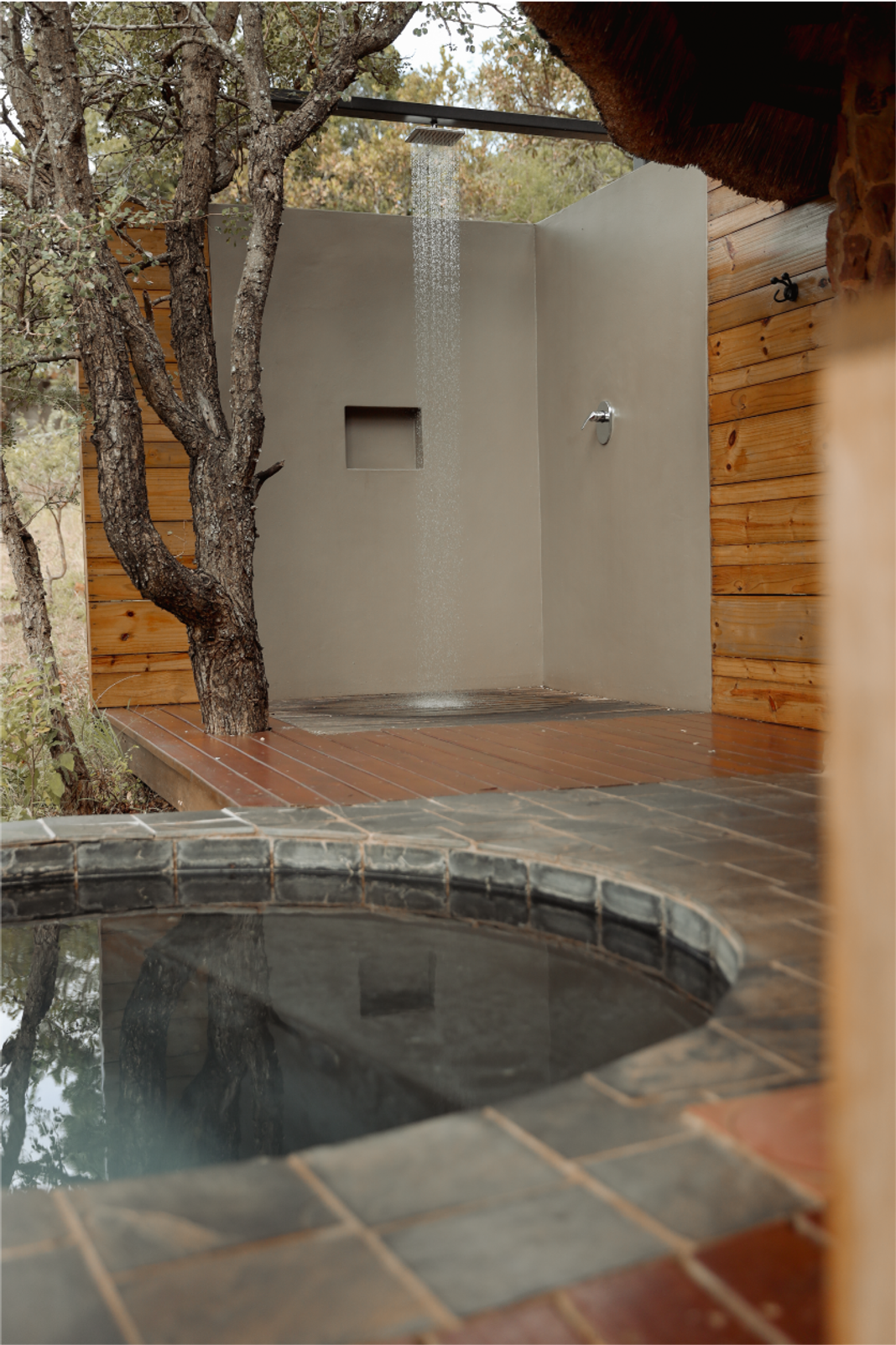 An outdoor rain shower beside a stone plunge pool set among trees on a suite deck.