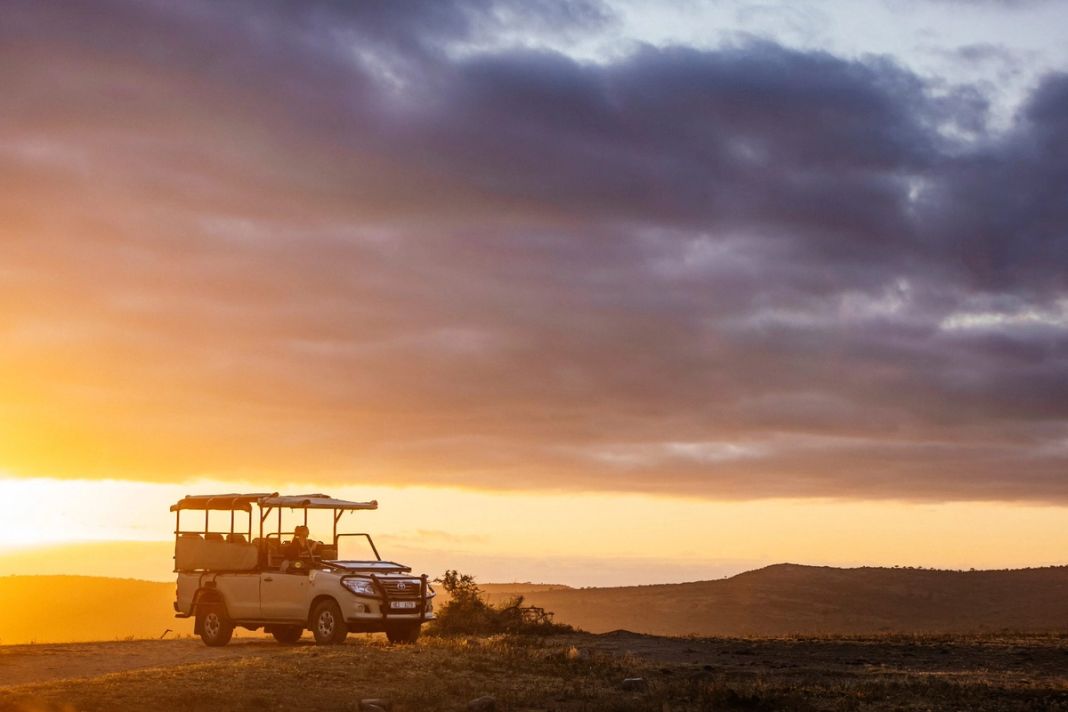 An open game-drive vehicle stands on a ridge under a colourful sky at sunrise.