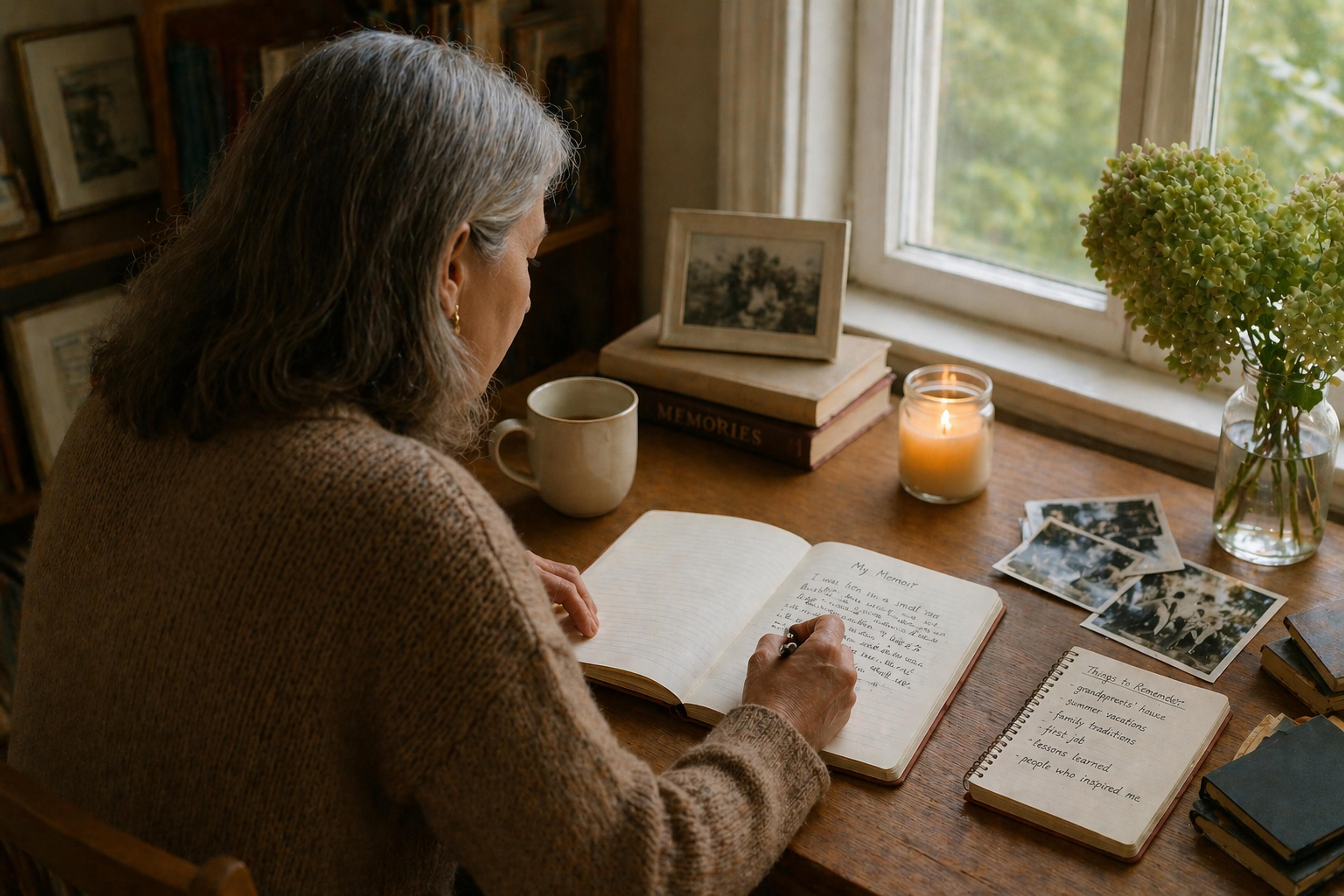 A woman writing her own memories on a desk with pictures