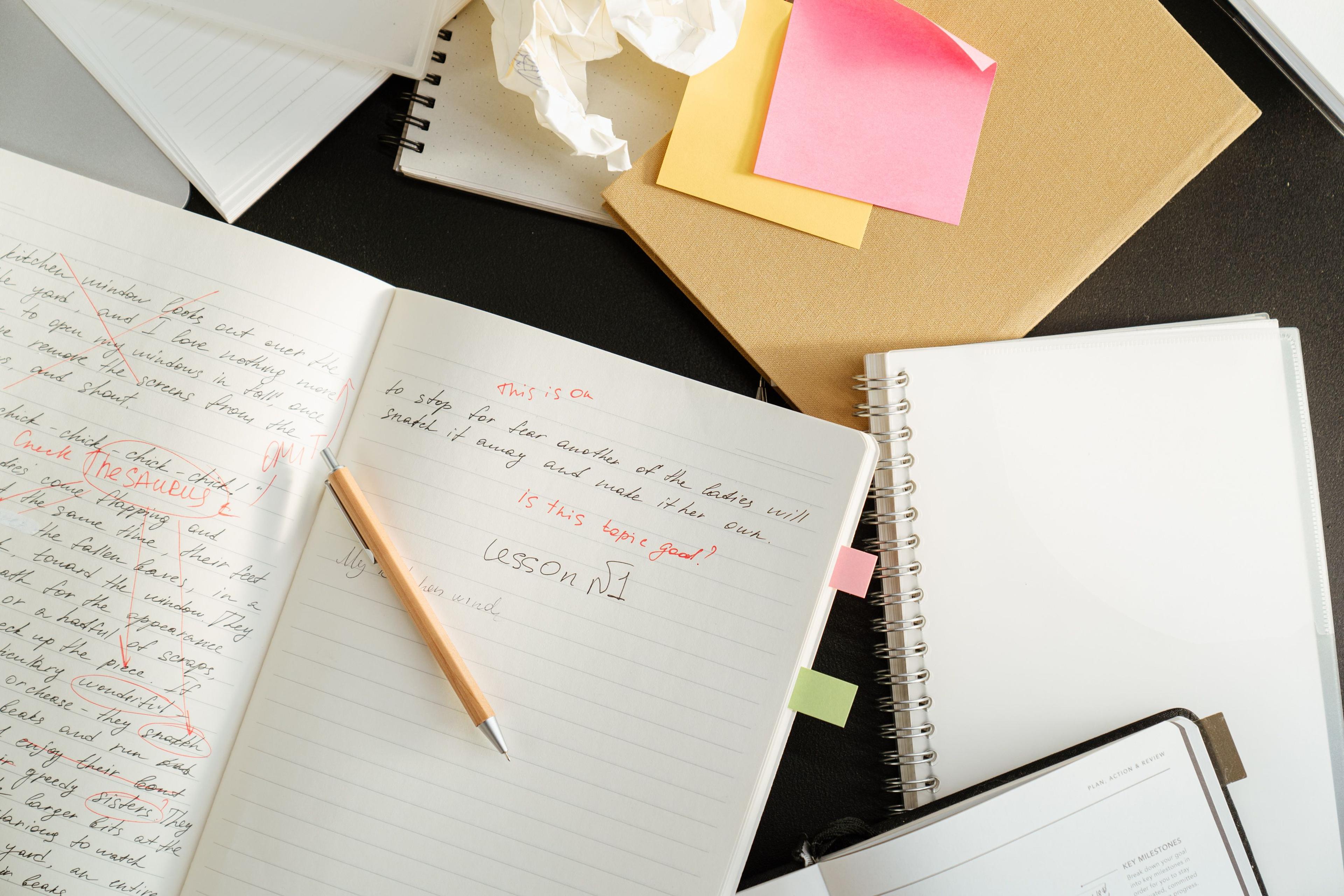 A notepad with handwriting and paper
