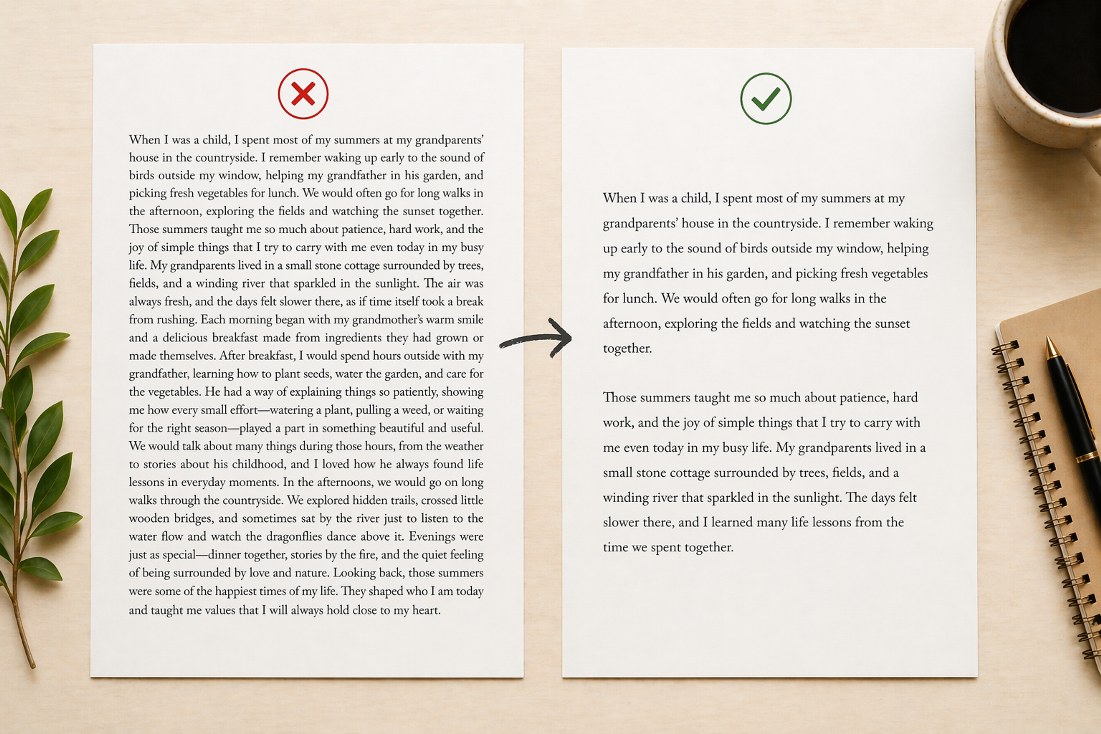 A before and after for how to structure a paragraph on a page