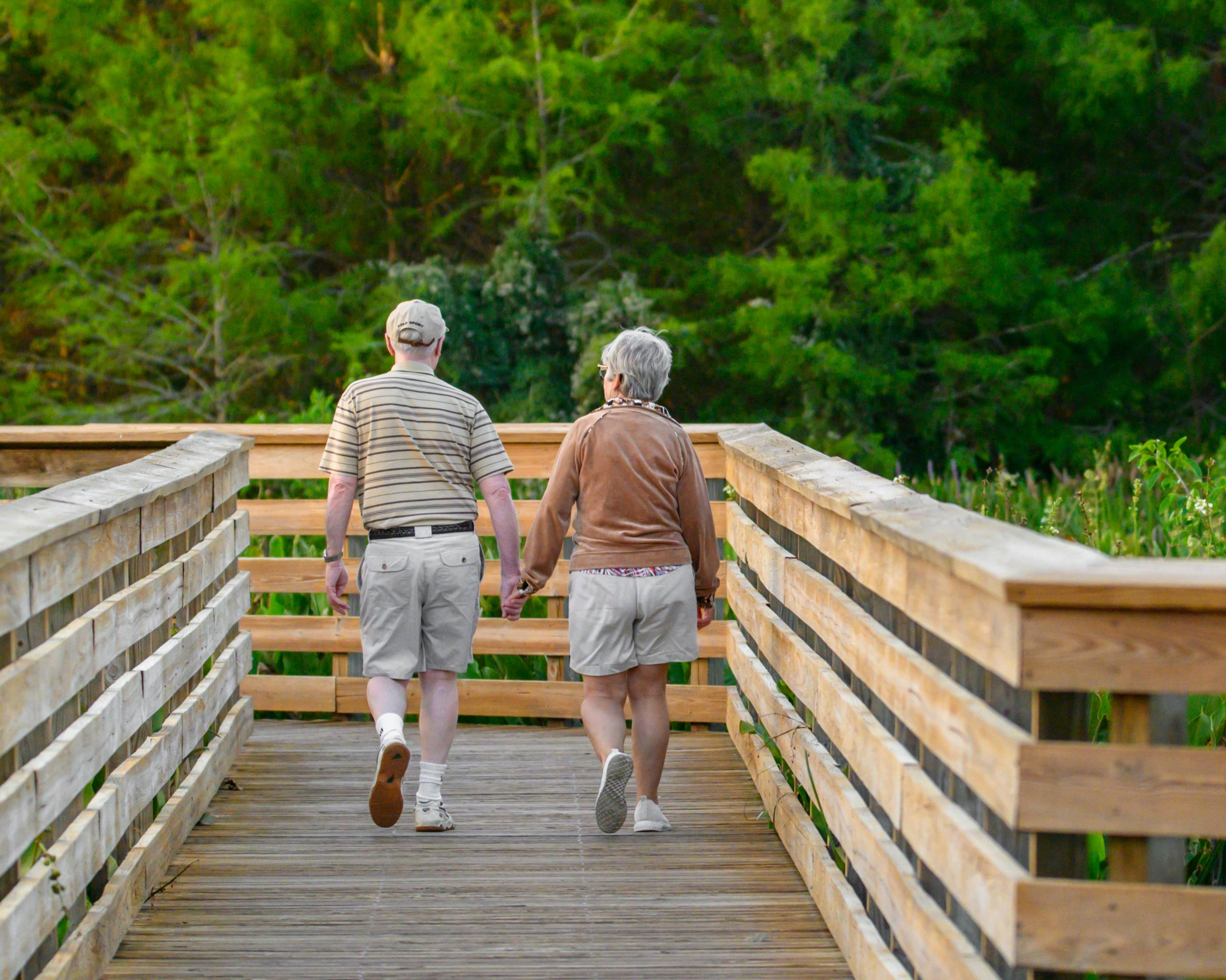 An old couple walking, holding hands
