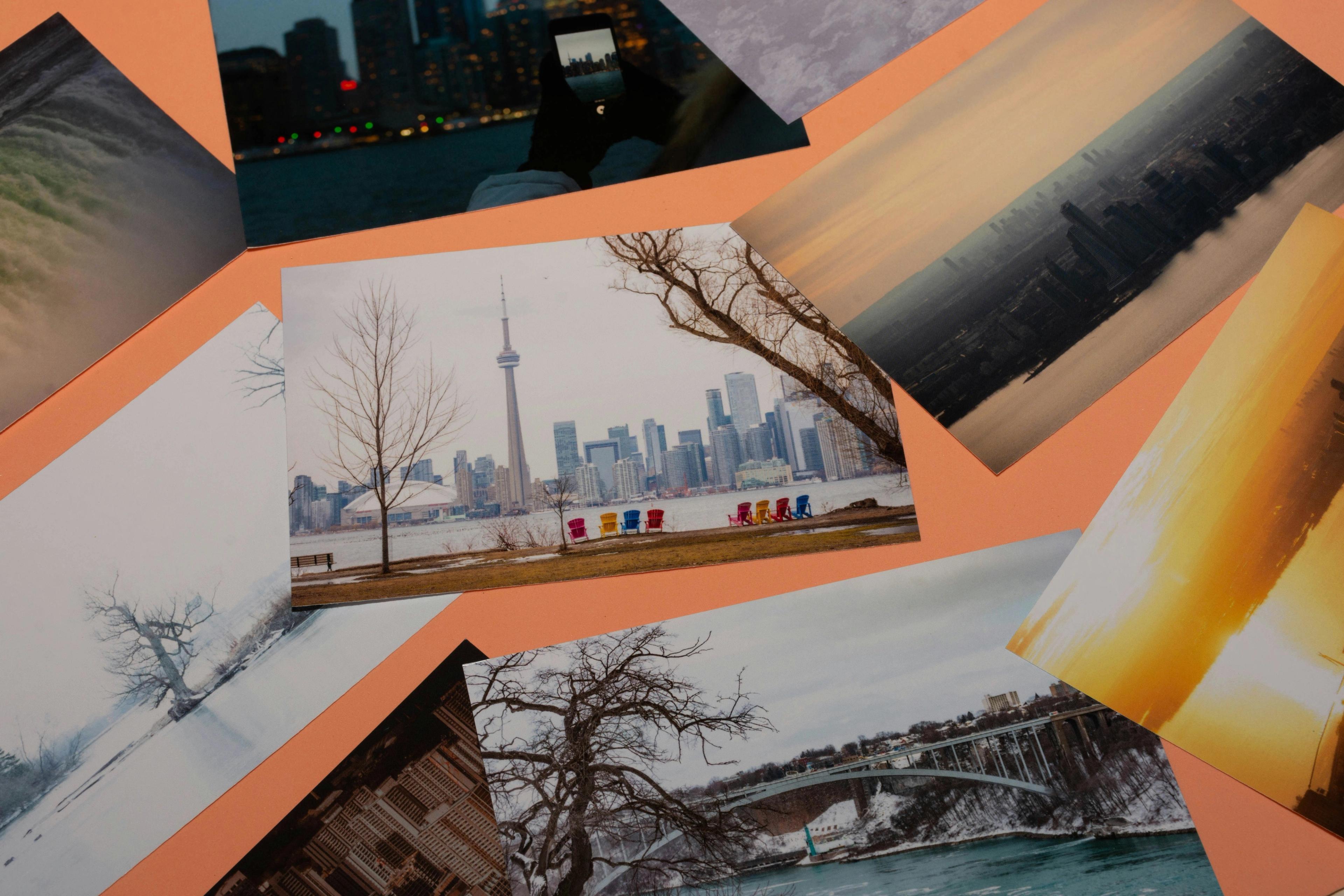 Collage of photos on a table