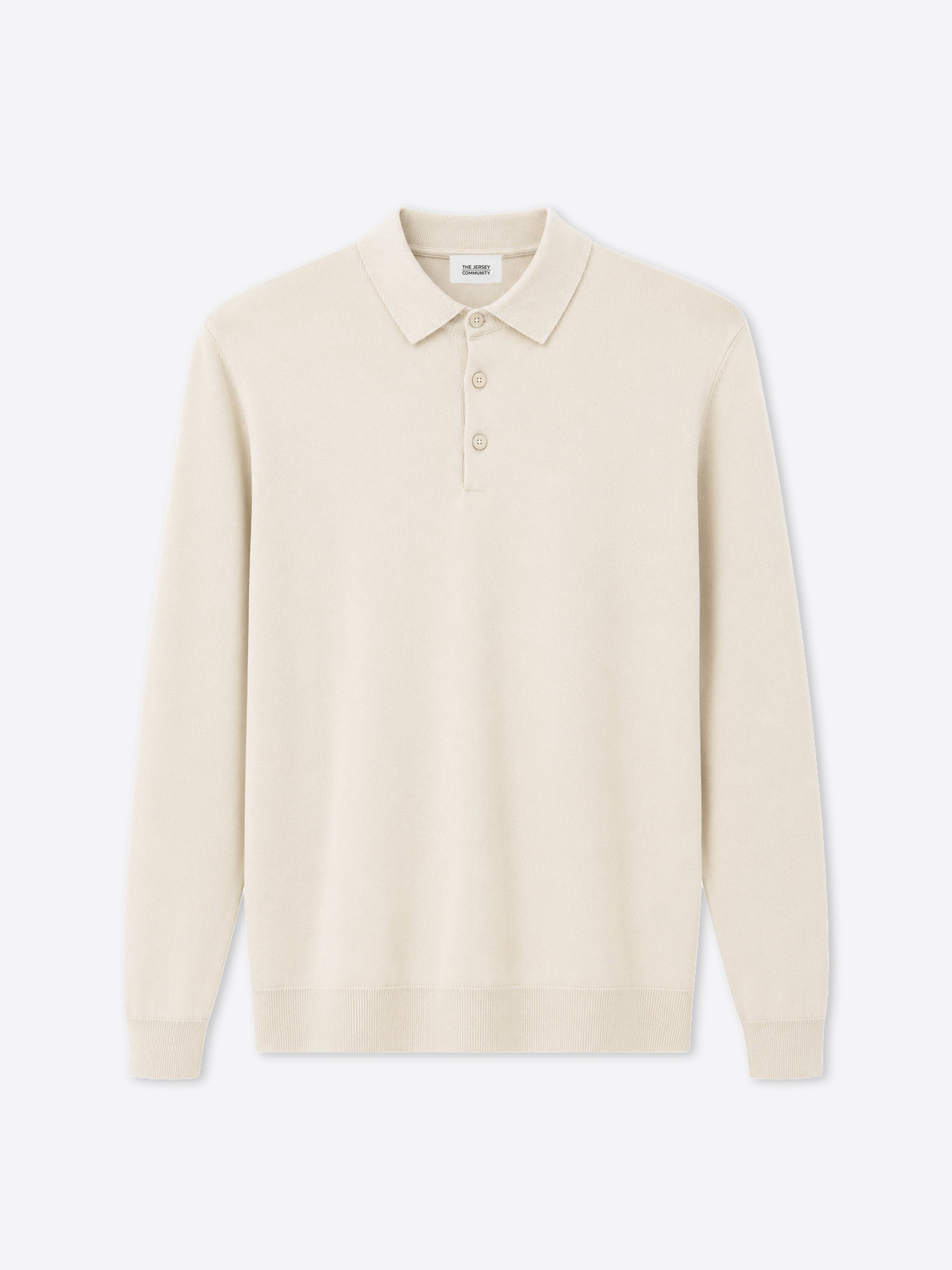 Cream long-sleeve knitted polo by The Jersey Community, photographed flat