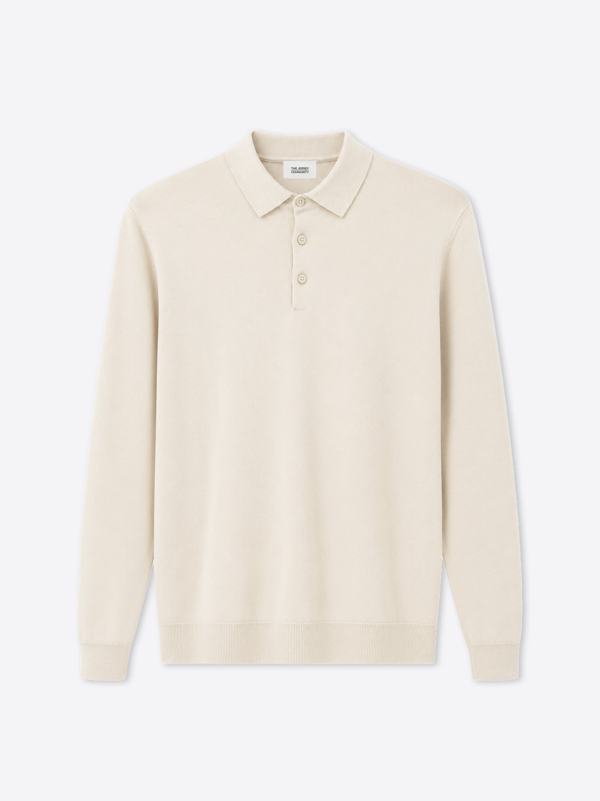 Cream long-sleeve knitted polo by The Jersey Community, photographed flat