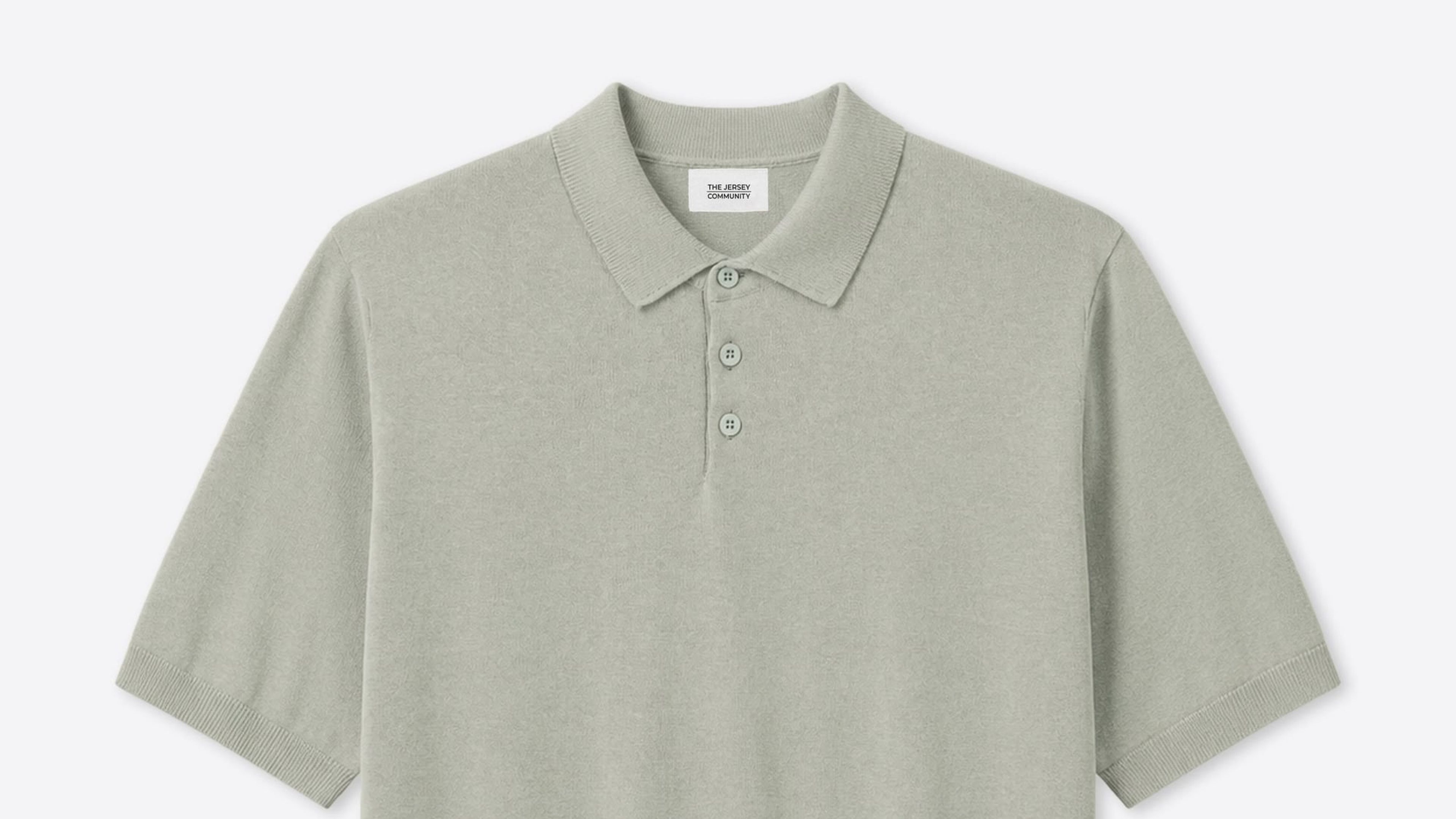 Collar and placket detail of a sage cotton-linen knitted polo by The Jersey Community