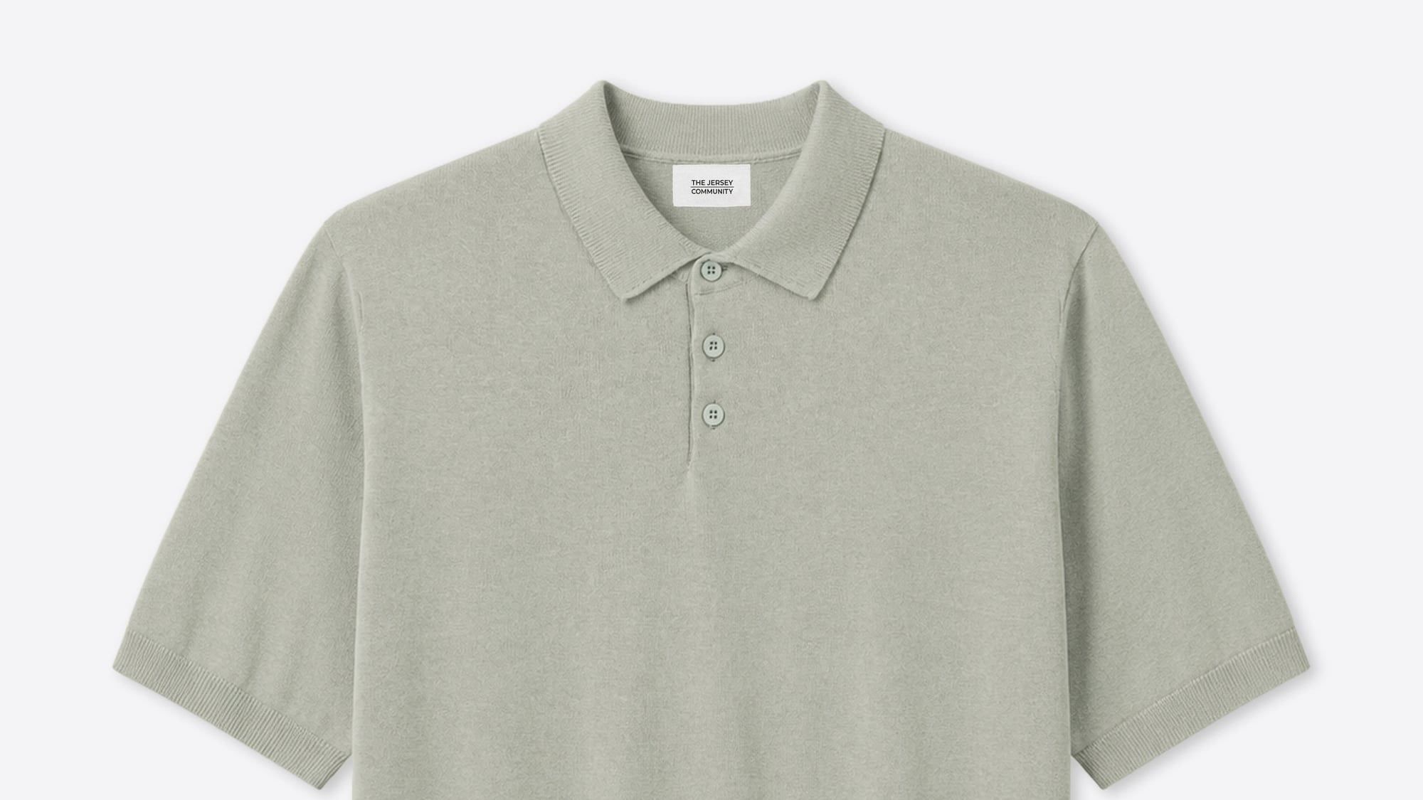 Collar and placket detail of a sage cotton-linen knitted polo by The Jersey Community