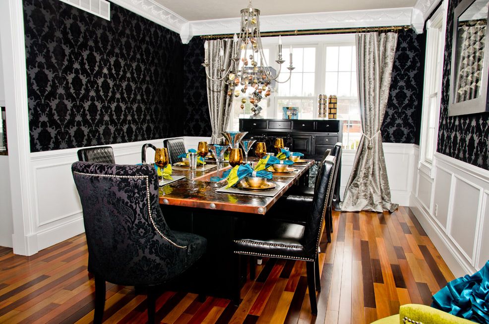 Eclectic Black Damask & Metallic Dining room