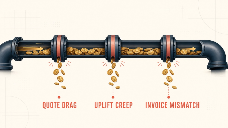 Illustration of an FM contract money-chain pipe leaking coins at three labelled joints: quote drag, uplift creep, invoice mismatch.