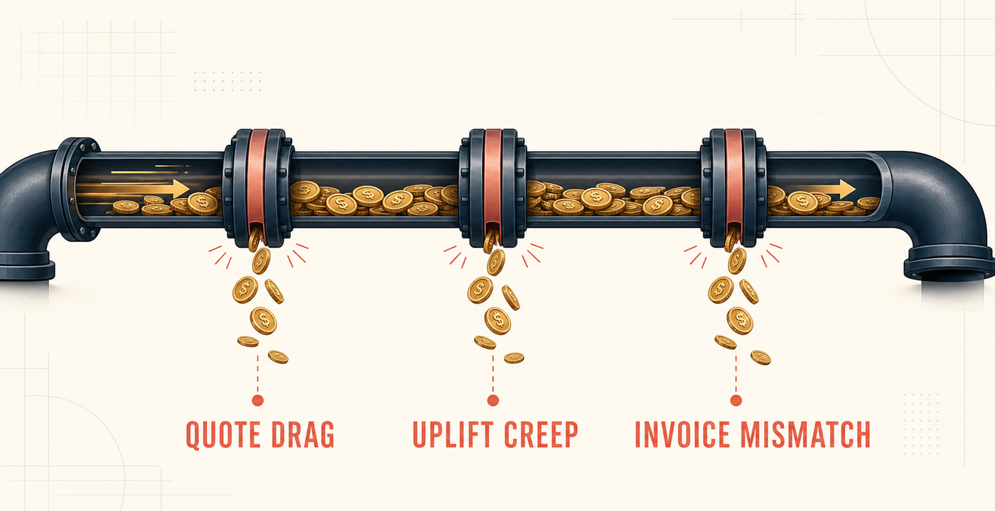 Illustration of an FM contract money-chain pipe leaking coins at three labelled joints: quote drag, uplift creep, invoice mismatch.