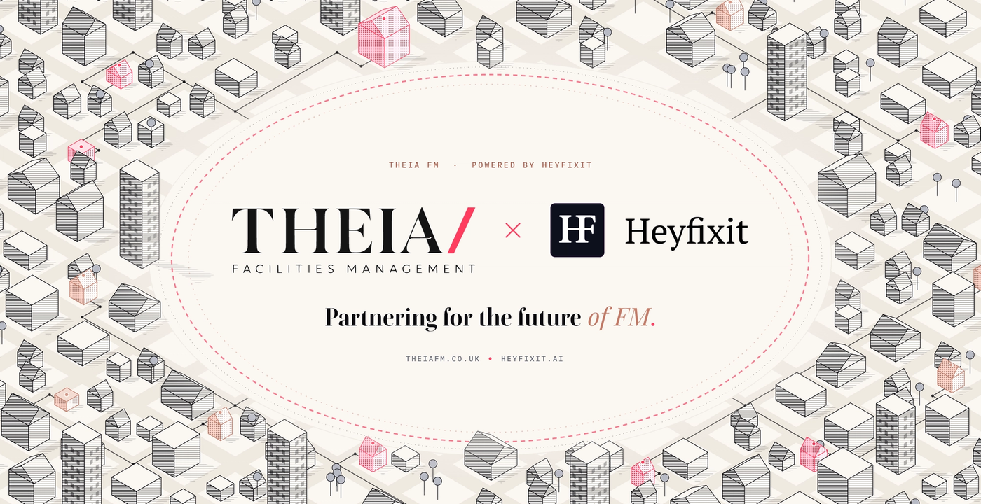 Theia FM and Heyfixit partnership graphic, with both logos surrounded by illustrated buildings