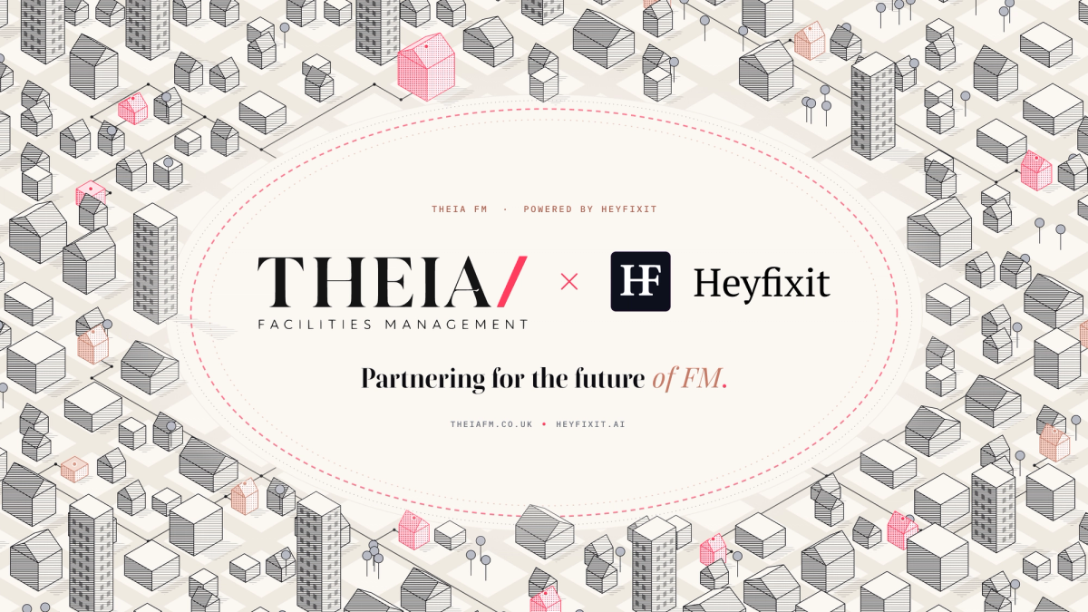 Theia FM and Heyfixit partnership graphic, with both logos surrounded by illustrated buildings