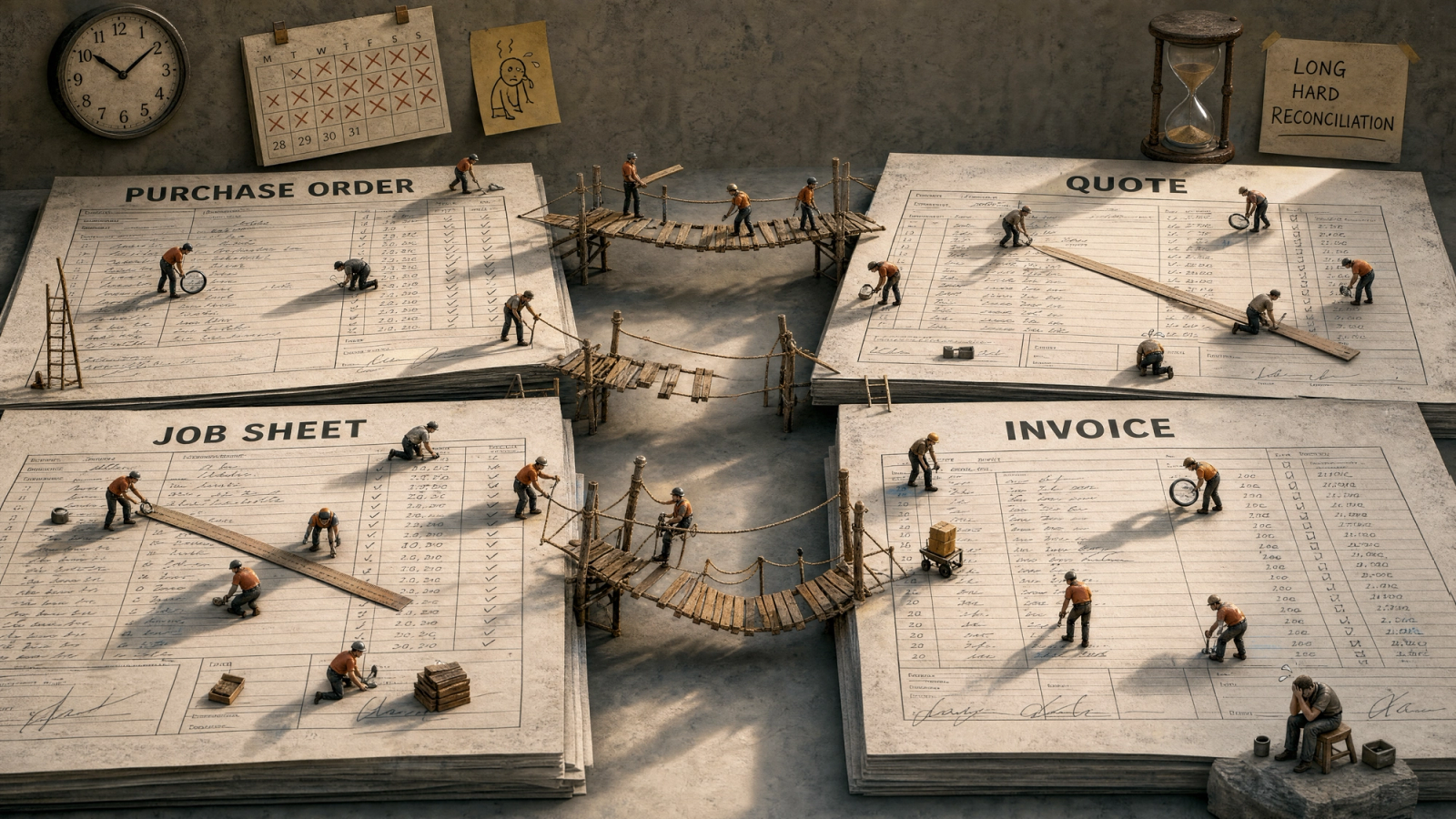 Illustration of facilities invoice reconciliation: purchase order, quote, job sheet and invoice connected by rope bridges