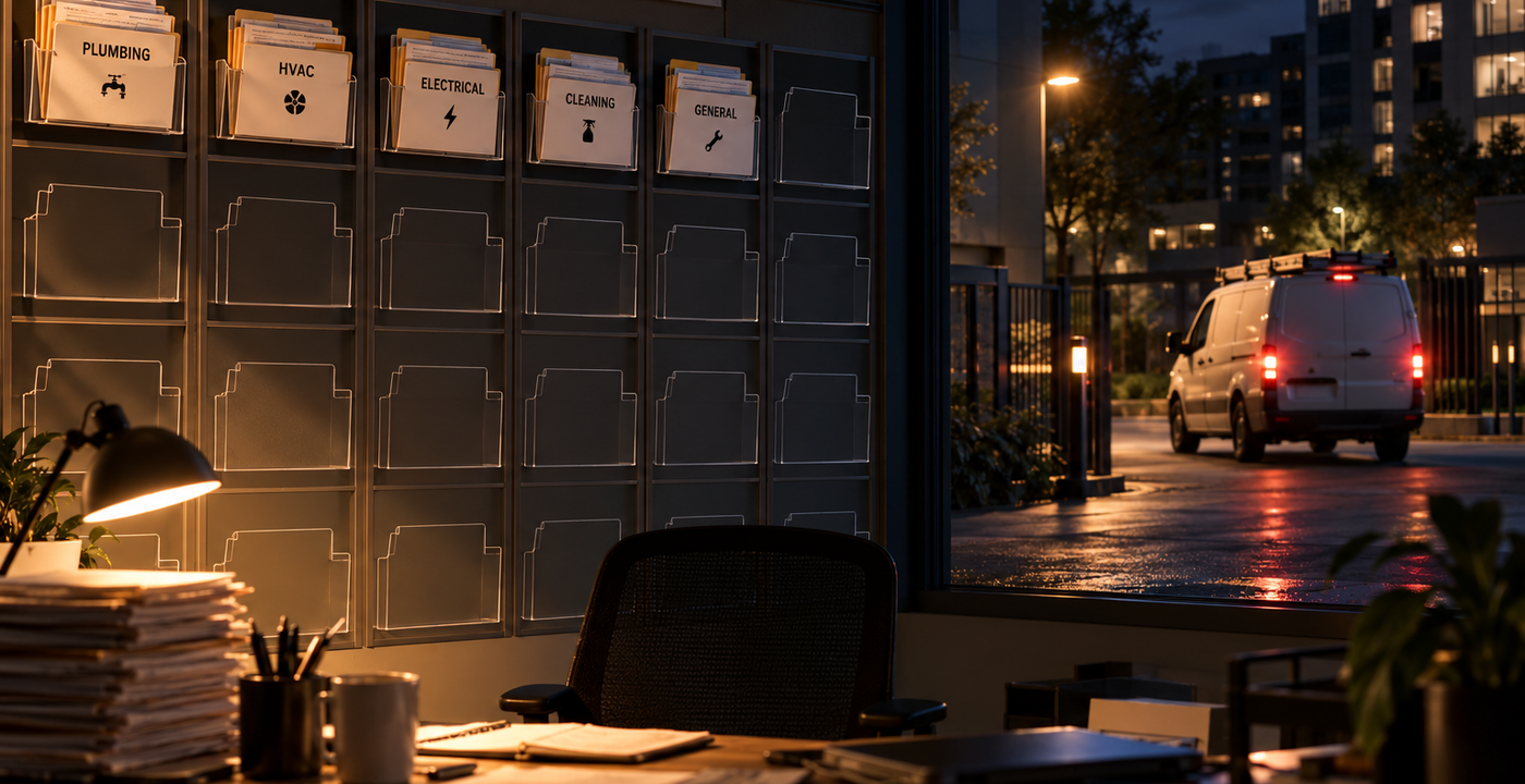 Illustration of an FM back office at night: a wall of job folders, most of them empty outlines, as a contractor's van drives away outside.