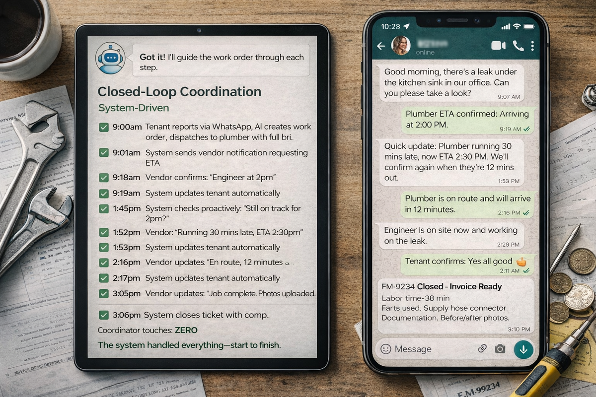 AI checklist driving vendor follow-ups, SLA compliance, work order closure, and invoice-ready CMMS documentation.