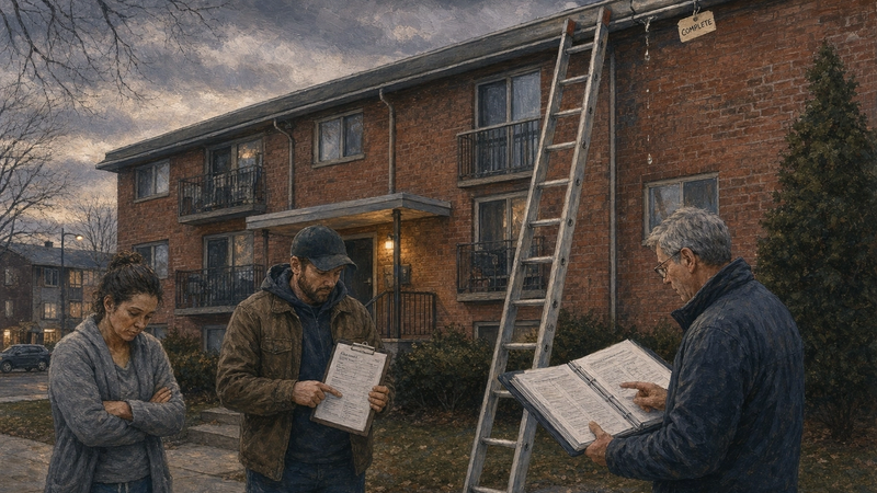 Illustration of a building exterior: a tenant, manager, and HOA rep each hold a different document below an unverified gutter repair.