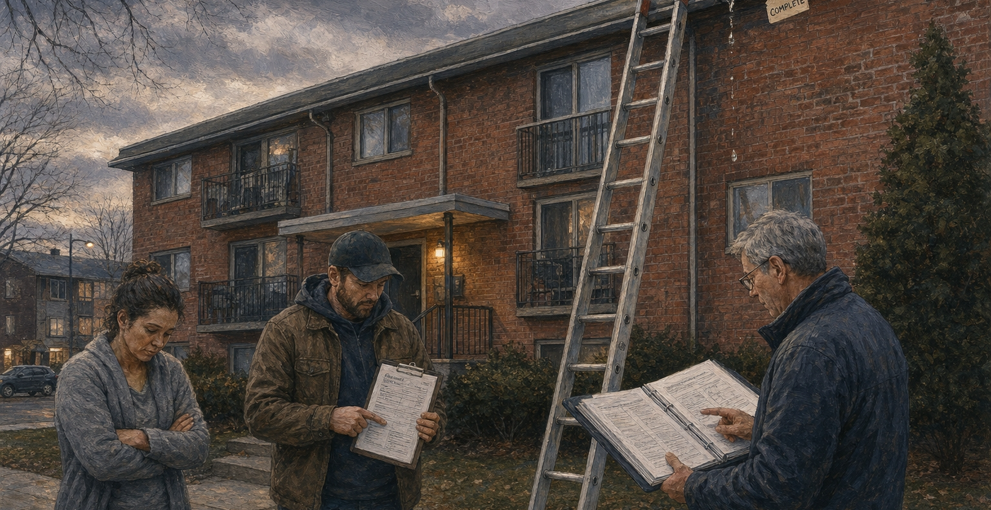 Illustration of a building exterior: a tenant, manager, and HOA rep each hold a different document below an unverified gutter repair.