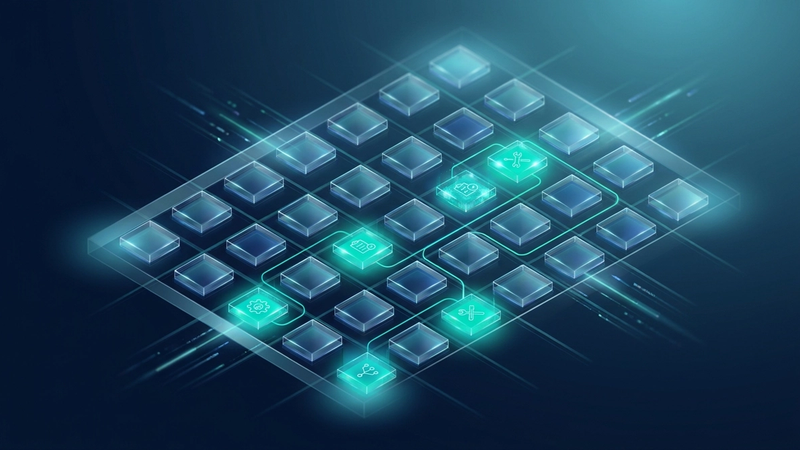 Navy and teal hero graphic for a 52-week PPM planner guide, showing a glowing grid of 52 cells arranged like an annual preventive maintenance schedule that maps planned maintenance tasks across the facilities management year.