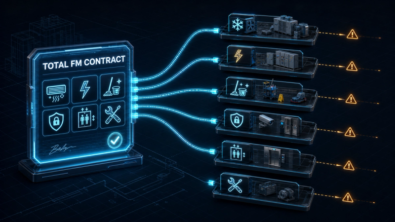 Illustration of one total-FM contract splitting into many disconnected job trays: services bundled under one deal, coordination still split.