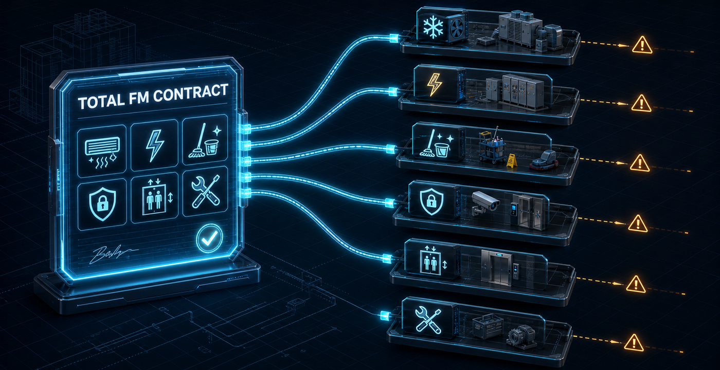 Illustration of one total-FM contract splitting into many disconnected job trays: services bundled under one deal, coordination still split.