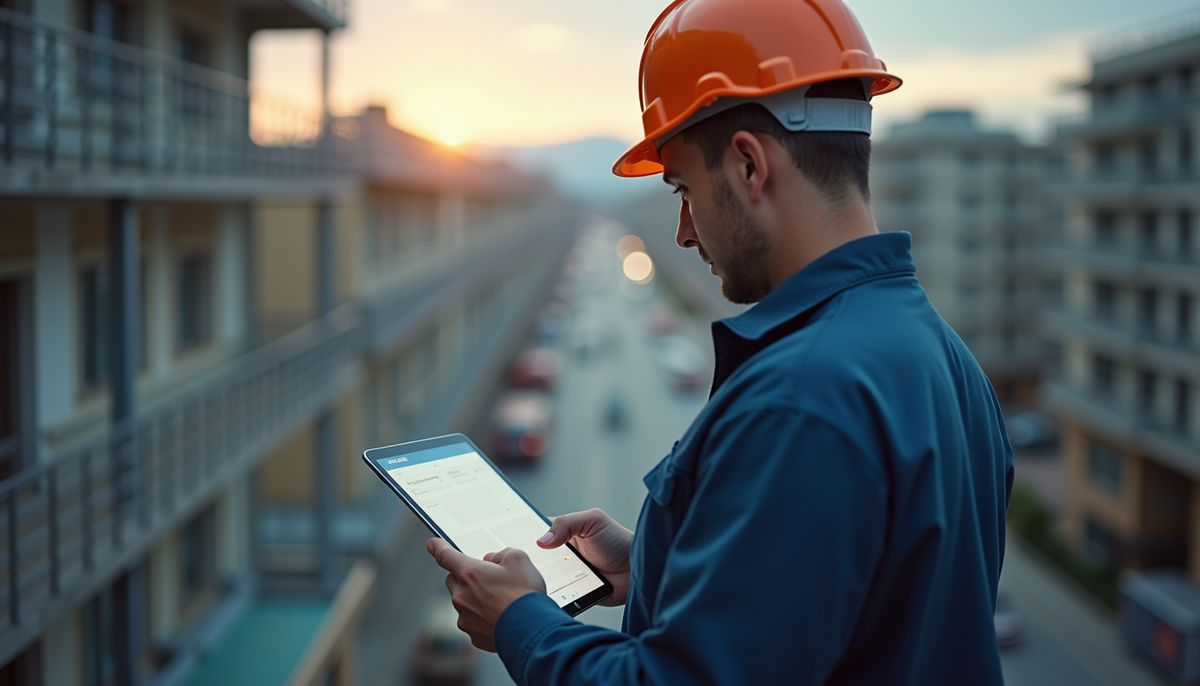 Eye-level view of a technician using a tablet for property maintenance