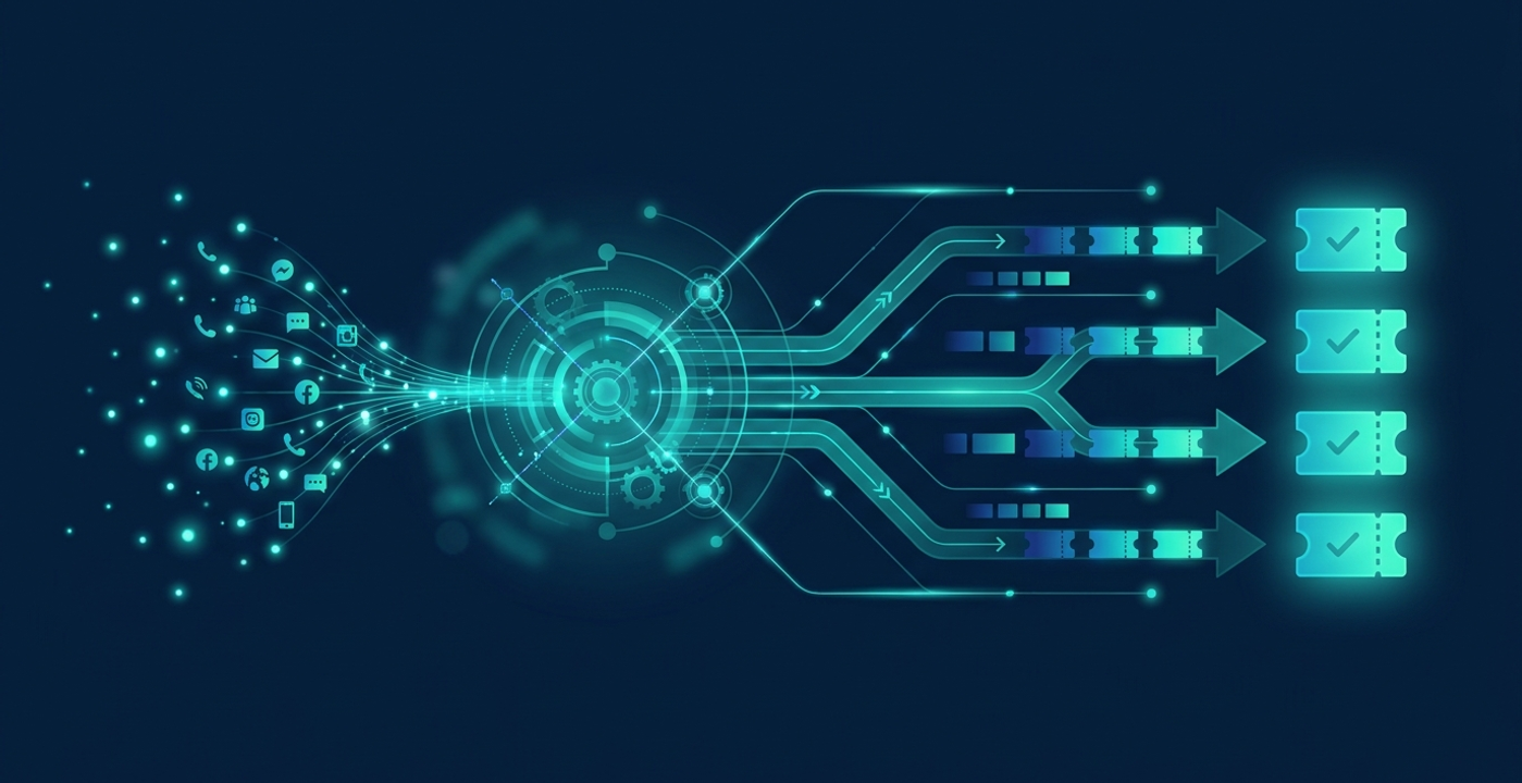 Navy and teal hero graphic for a 2026 UK buyer's guide to FM helpdesk software, showing inbound maintenance requests from phone, email and WhatsApp channels flowing through a triage and dispatch hub into organised, prioritised work-order lanes.