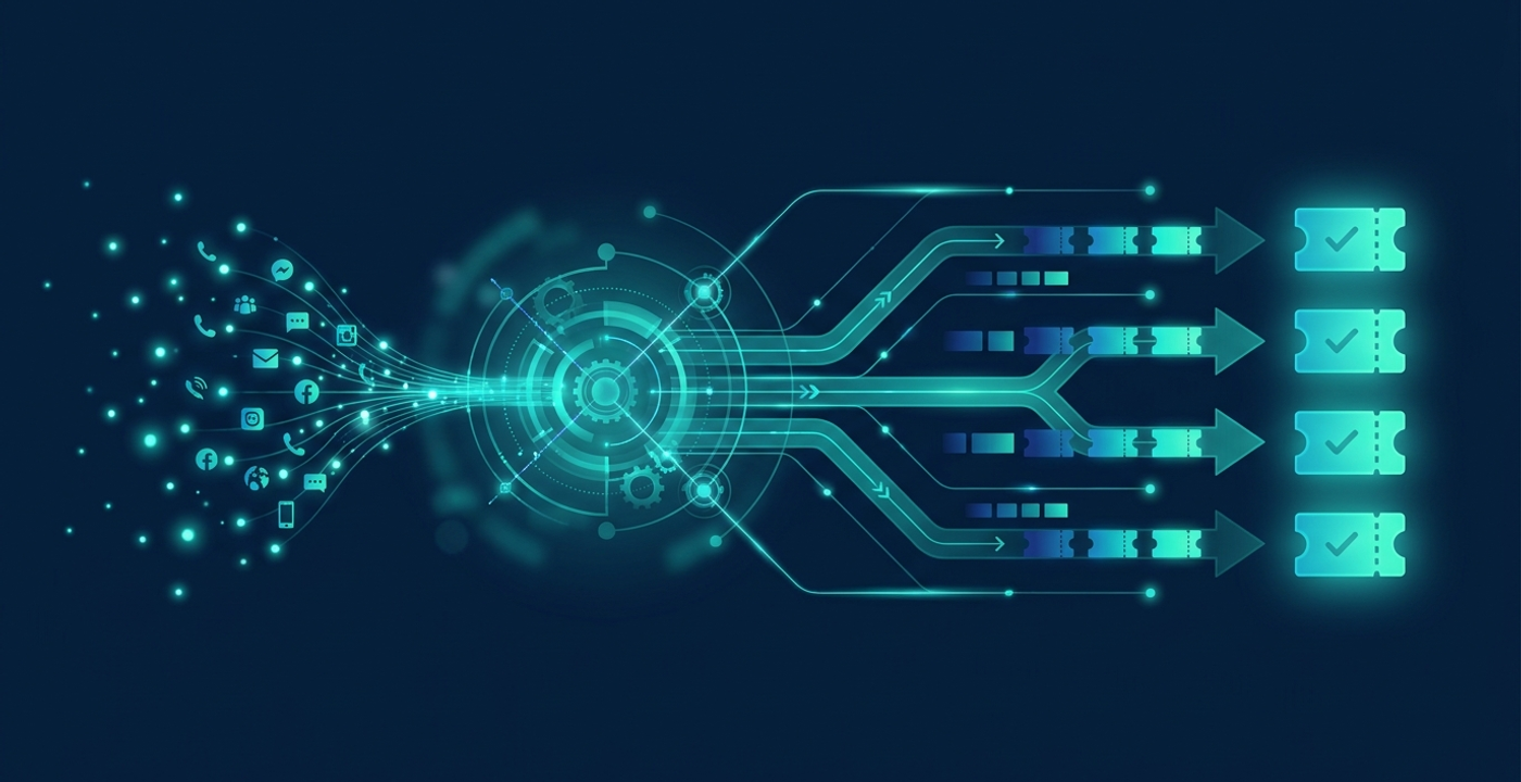 Navy and teal hero graphic for a 2026 UK buyer's guide to FM helpdesk software, showing inbound maintenance requests from phone, email and WhatsApp channels flowing through a triage and dispatch hub into organised, prioritised work-order lanes.