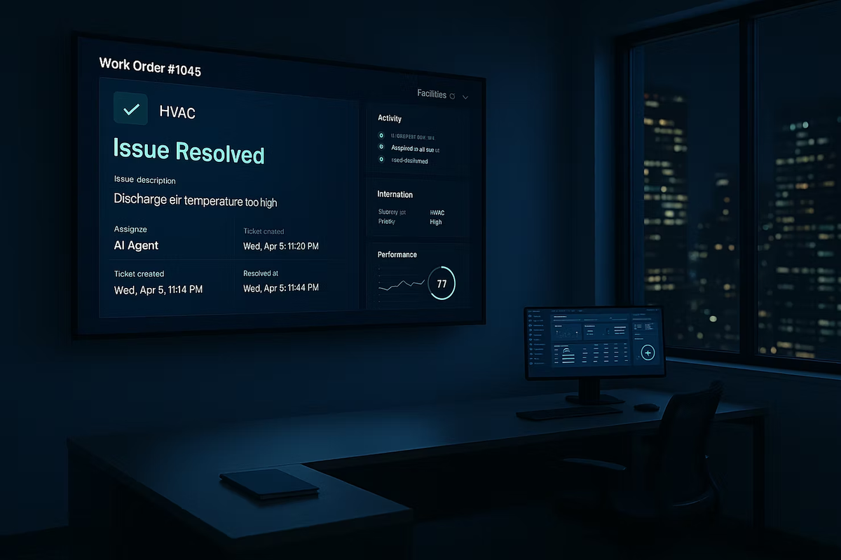 Dimly lit control room at night with a large wall‑mounted dashboard and an empty workstation; an AI agent handled maintenance autonomously.