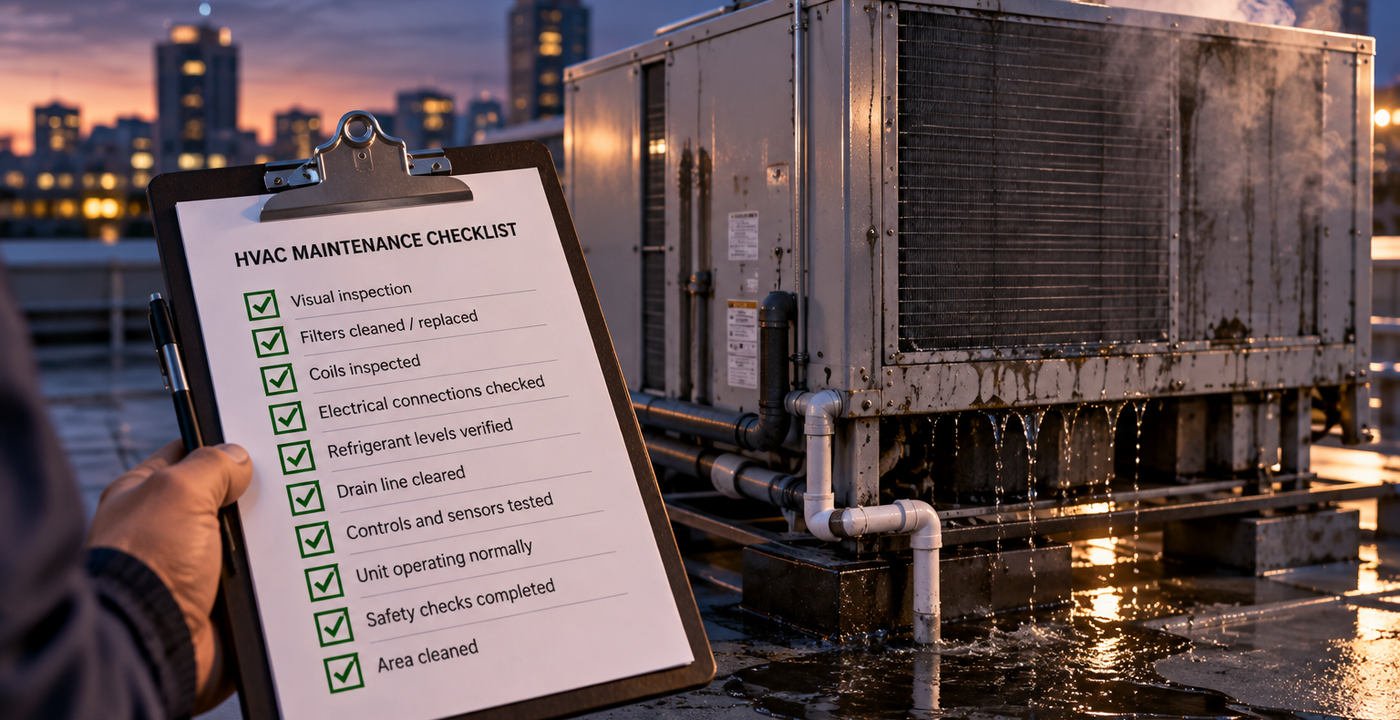 Illustration of a rooftop HVAC unit: a fully ticked checklist on a clipboard while the unit behind it drips and steams, unbothered.