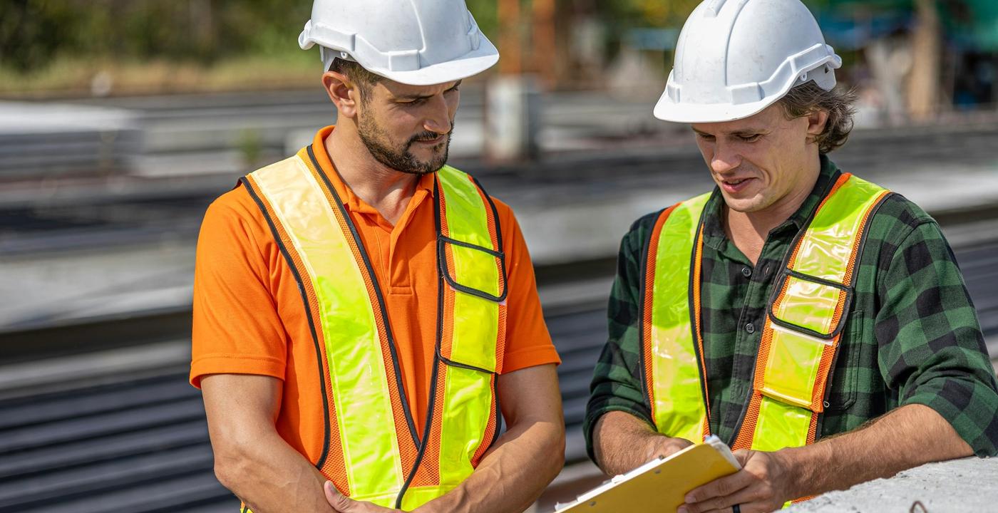 Two workers on a worksite review printed plans together beside concrete production equipment.