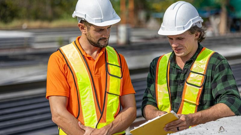 Two workers on a worksite review printed plans together beside concrete production equipment.