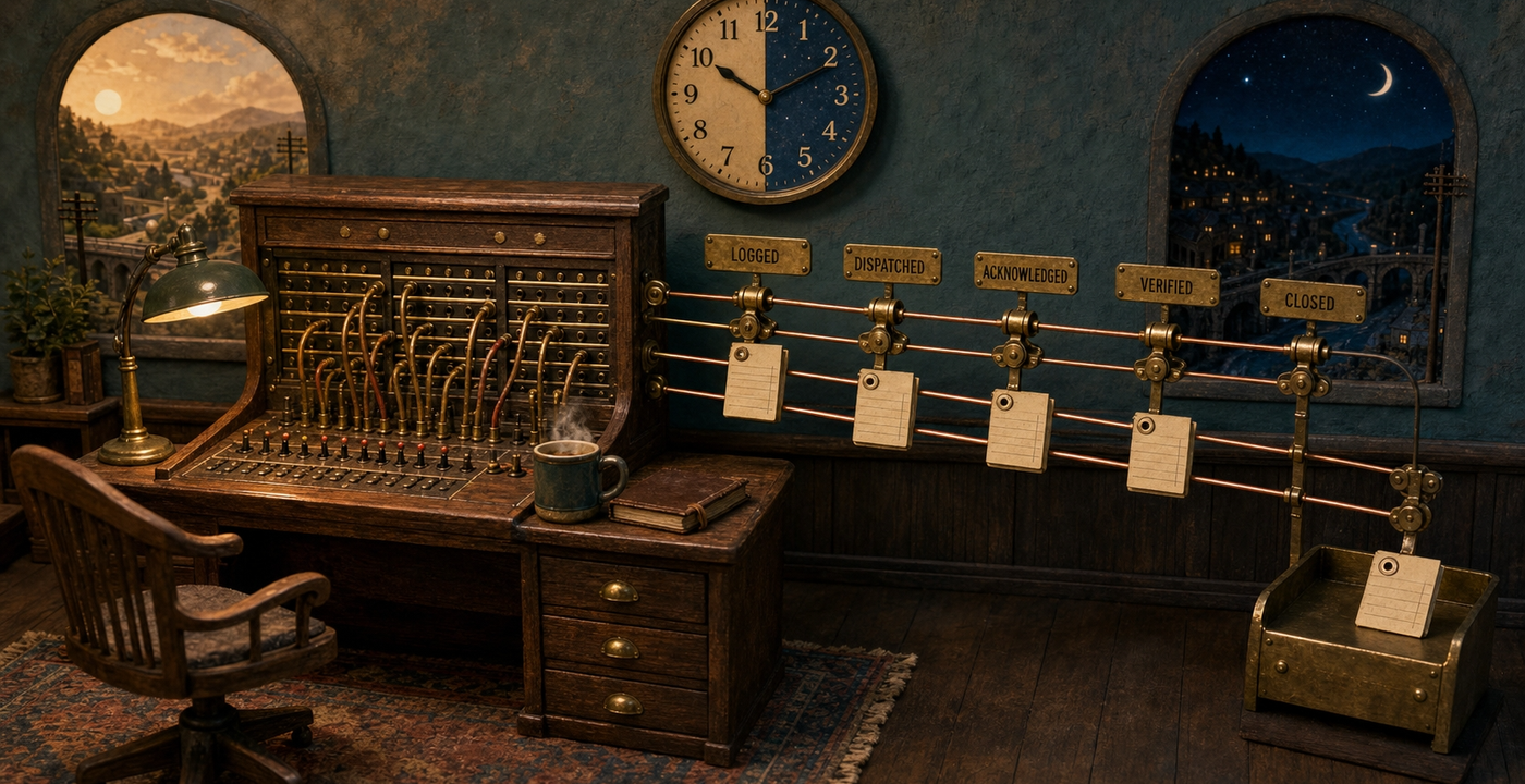 Illustration of an unmanned switchboard routing work-order cards along wires through logged, dispatched, verified and closed stages