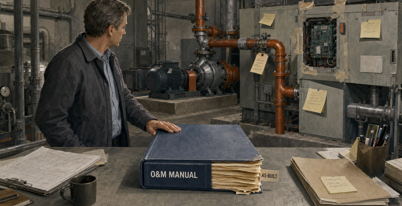 Illustration of an O&M manual on a handover desk, its pages yellowing while the building behind shows fresh repairs and swapped parts.