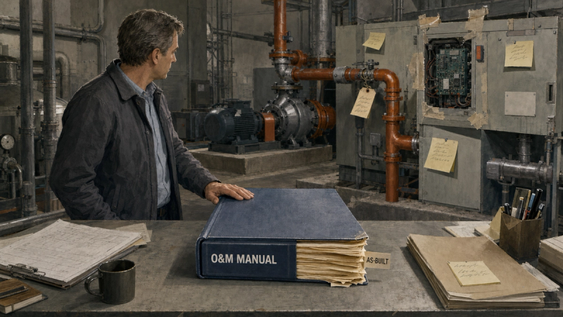 Illustration of an O&M manual on a handover desk, its pages yellowing while the building behind shows fresh repairs and swapped parts.