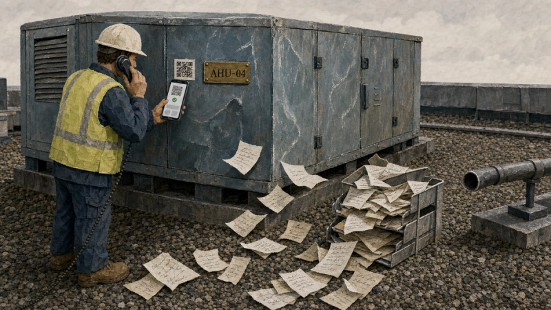 Illustration of a QR-tagged rooftop air-handling unit: a technician scans it as the paper trail dead-ends in a full inbox tray.
