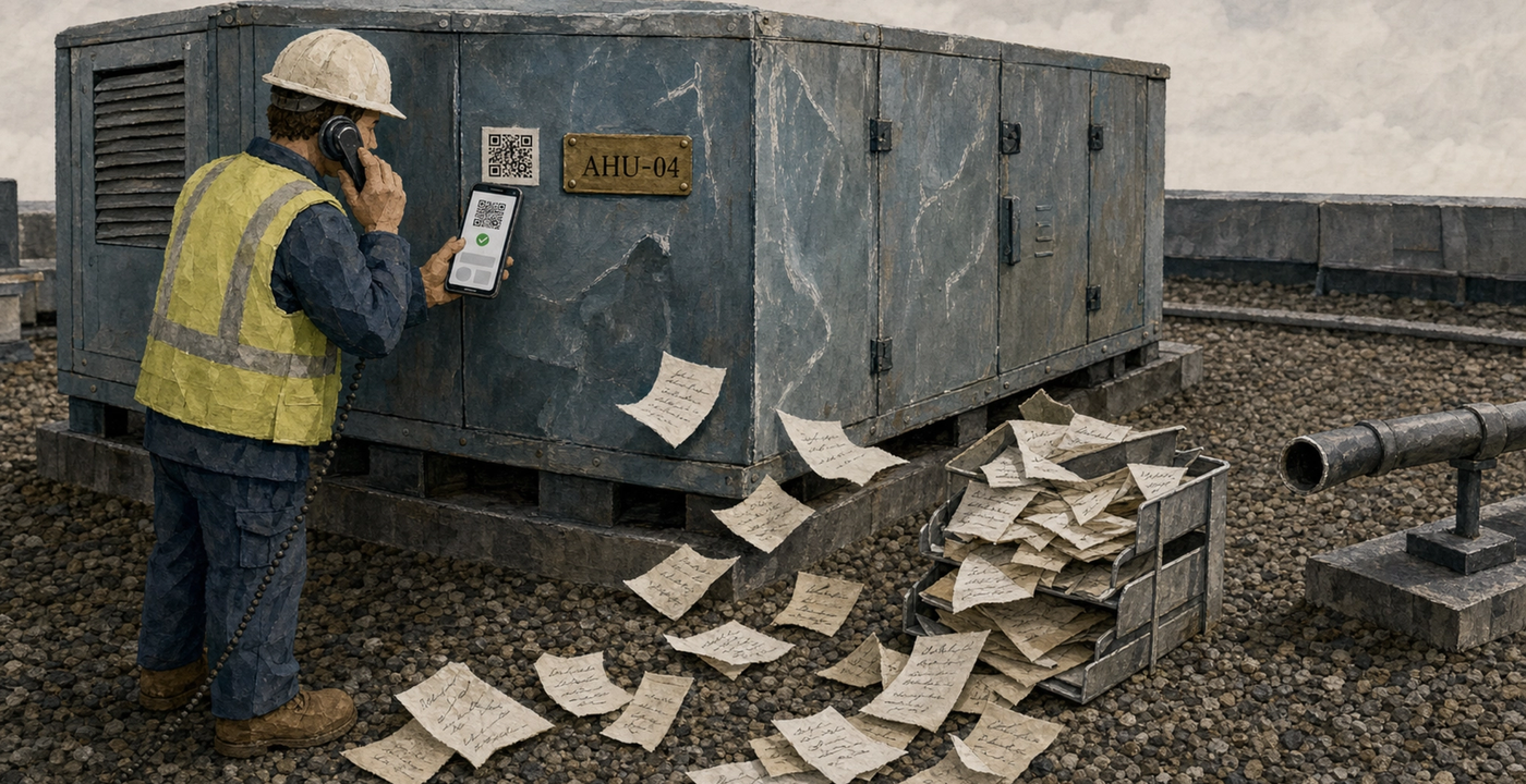 Illustration of a QR-tagged rooftop air-handling unit: a technician scans it as the paper trail dead-ends in a full inbox tray.