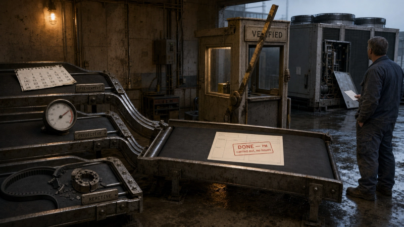 Illustration: preventive, predictive and reactive triggers feed one work order to an unstaffed verification booth by a dead chiller.